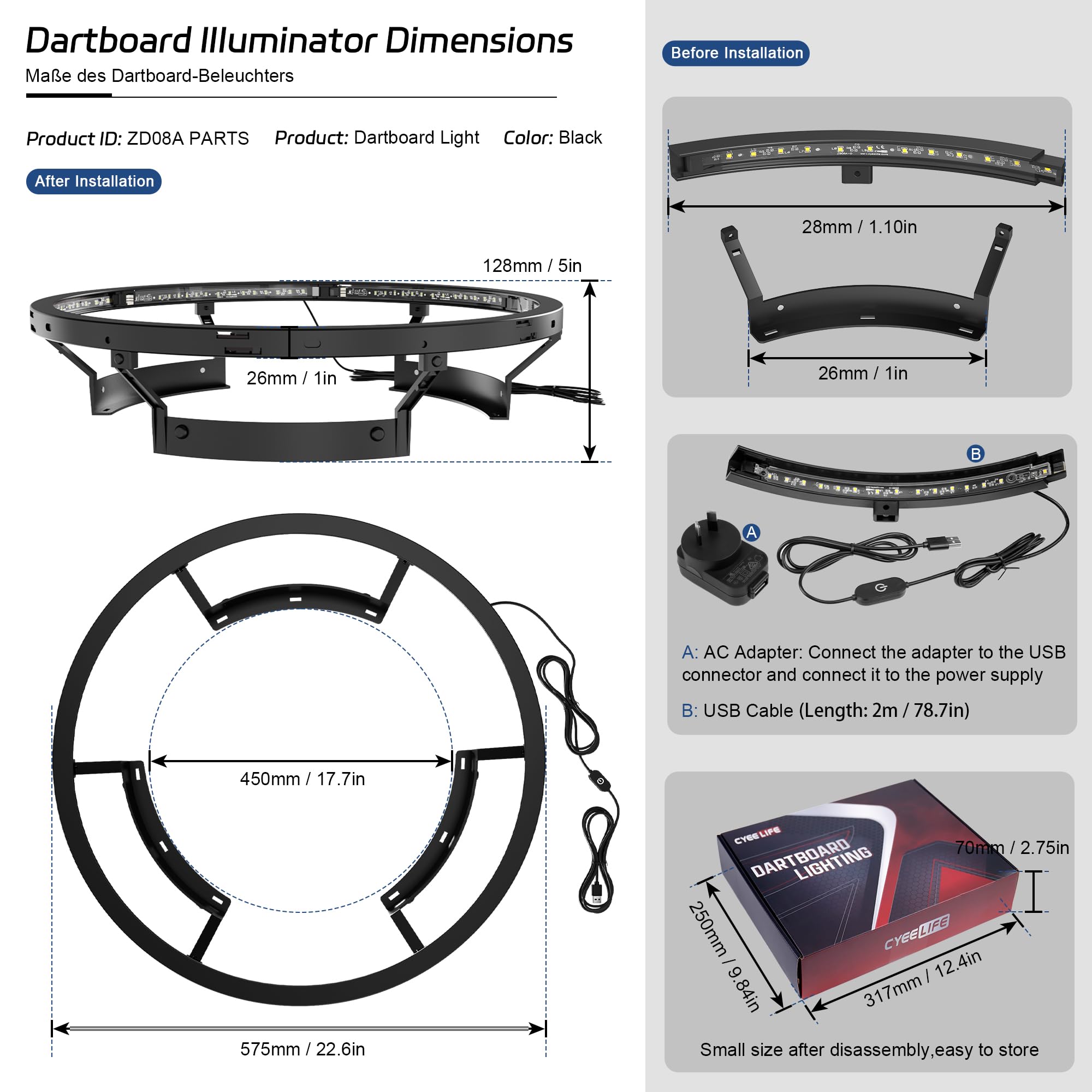 CyeeLife Dartleuchte für Stahl-Dartscheibe,Schwarz Dartboard Licht 360° LED