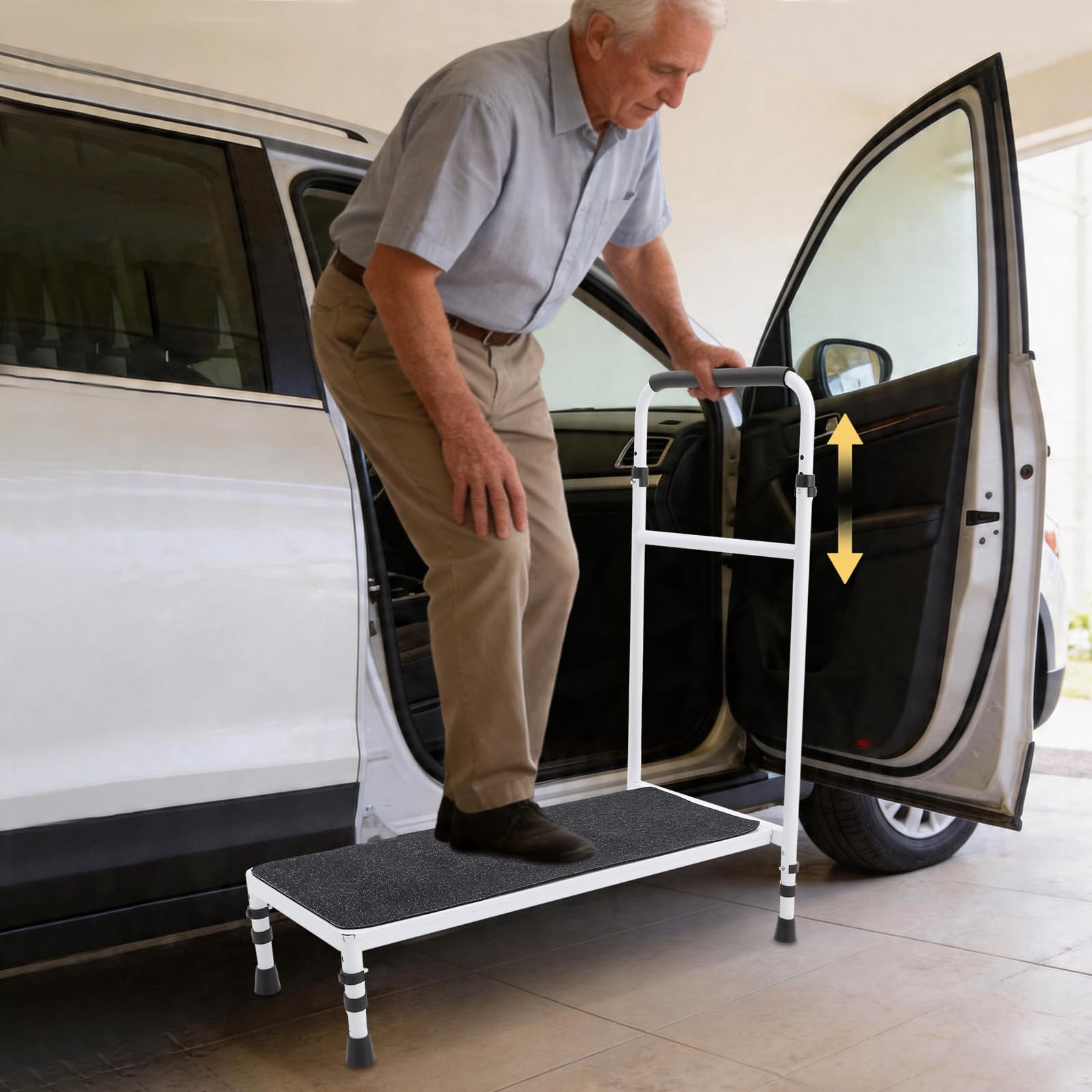 Scalino mobile di sicurezza per anziani, antiscivolo, 1 gradino, con corrimano regolabile, portata fino a 150 kg, ideale per vasca da bagno, letto e veicolo (bianco)