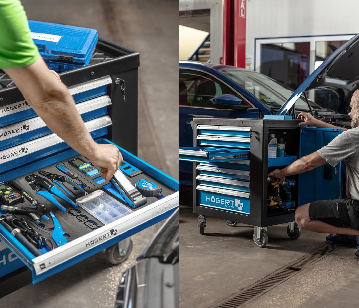 Högert Technik Szafka na narzędzia z 7 szufladami z narzędziami, 544 sztuki, zamykane szafki, gumowe koła kierownicy z hamulcem, wytrzymała i trwała, HT7G050, jeden rozmiar