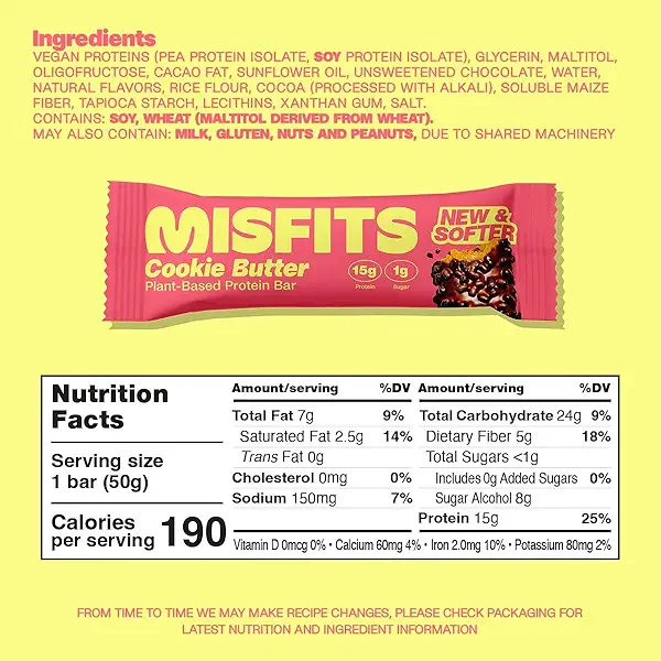 Misfits Vegan Protein Bars, Cookie Butter - Updated Recipe | Plant Based, Low Sugar & Carb, High Fiber Snacks | Pack of 15 2