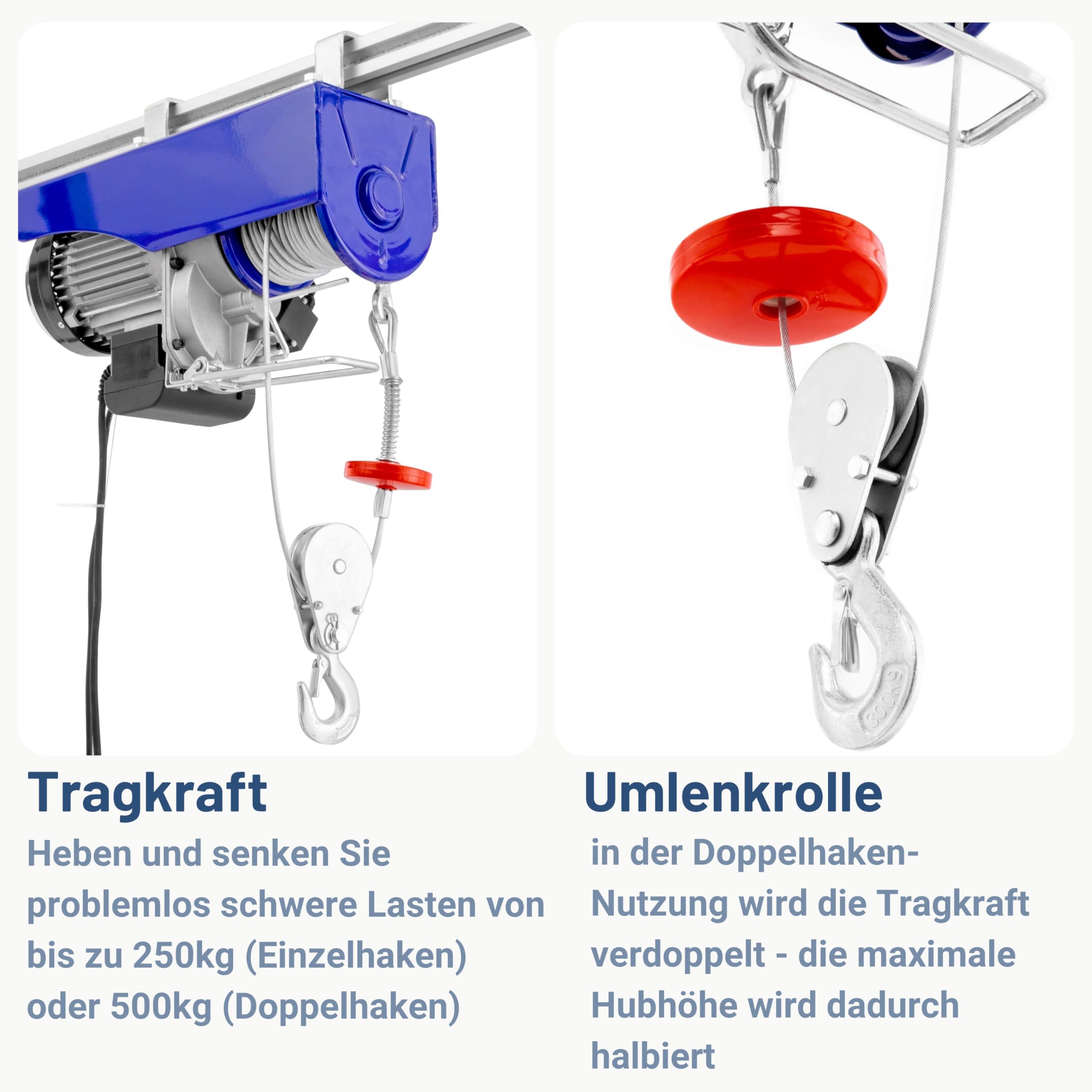 Pallit Seilwinde Elektrisch 230v Tragkraft 250 kg/12 m | 500 kg/6 m (Einzel-/Doppelhaken) inkl. Kabelfernbedieung mit 1,6 m Kabellänge HOIST Seilzug Seilhebezug Kettenzug Flaschenzug