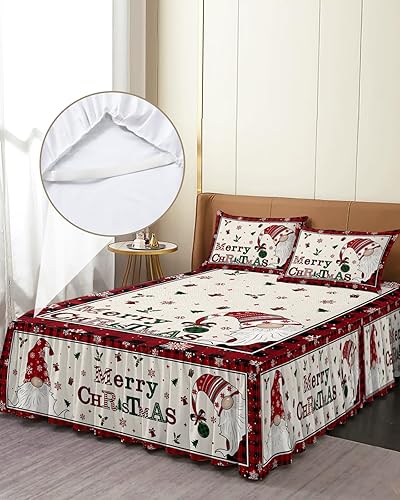 Miniatura 4 de Juego de sábanas de falda de cama de Navidad, 1 sábana y 2 fundas de almohada, falda de cama tamaño King de 18 pulgadas de caída, gnomos a cuadros