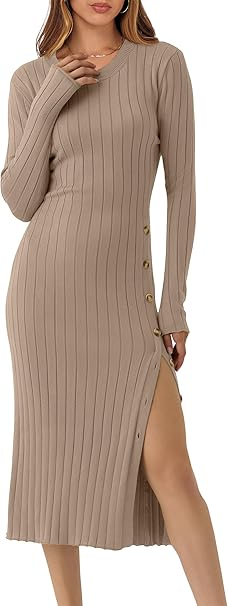 ANRABESS Womens 2025 Fall Long Sleeve Midi Dress Ribbed Knit Bodycon Fitted Button Down Wedding Guest Slit Sweater Dresses