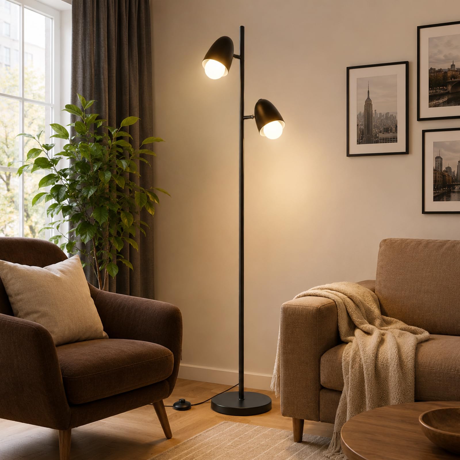 LED Stehleuchte mit 2 verstellbaren Köpfen, 170CM Wohnzimmer Stehlampe mit E27 Fassungen Max.60W, Industrial Leselampe (mit 2 Leuchtmittel) für Schlafzimmer Büro - Schwarz