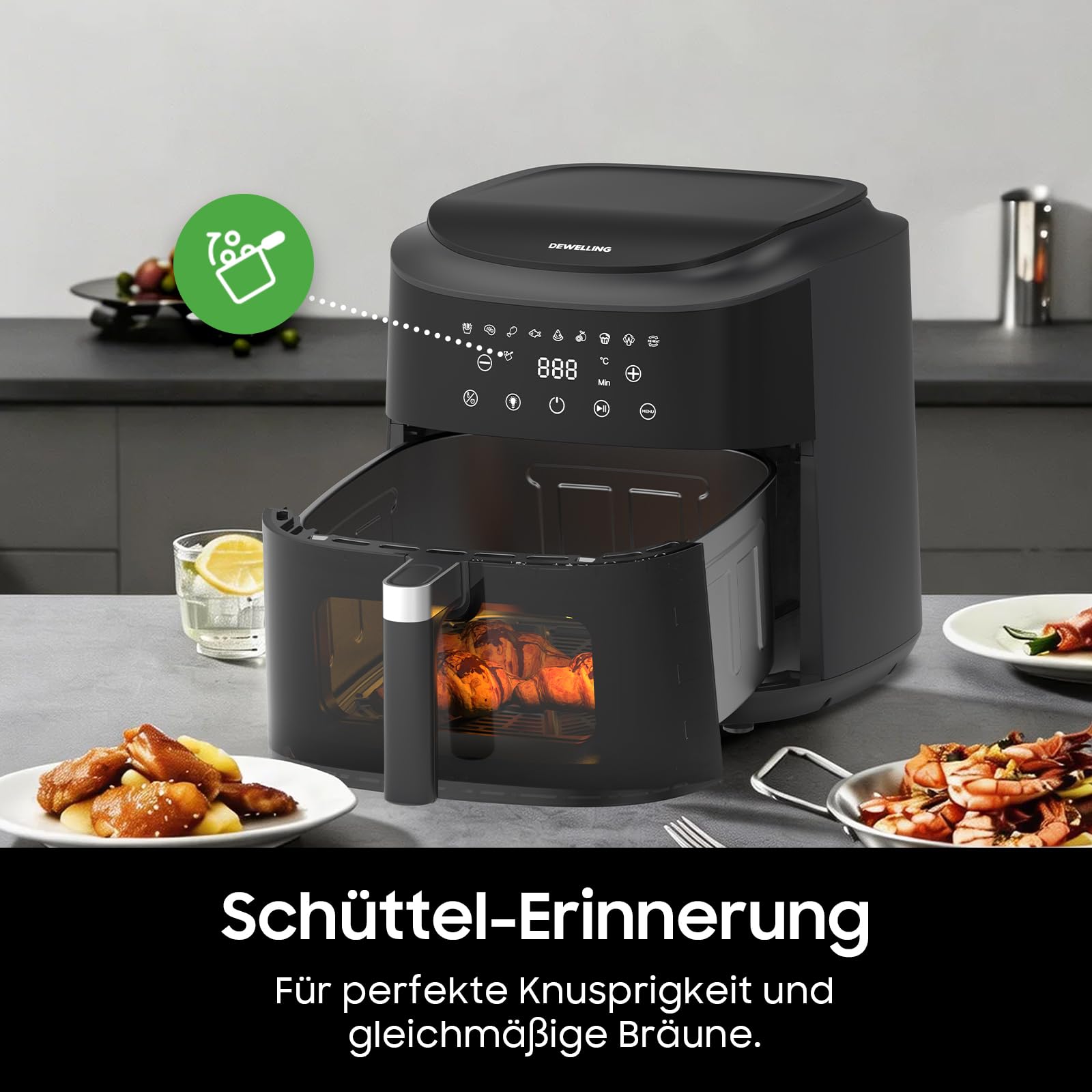 Heißluftfritteuse 9L Airfryer– 2350W Heissluftfritteuse für schnelles Garen, Fritteuse ohne Öl Mit Fenster, 9 Programme, Ohne PFAS, Shake-Erinnerung, Warmhaltefunktion, 40–200°C