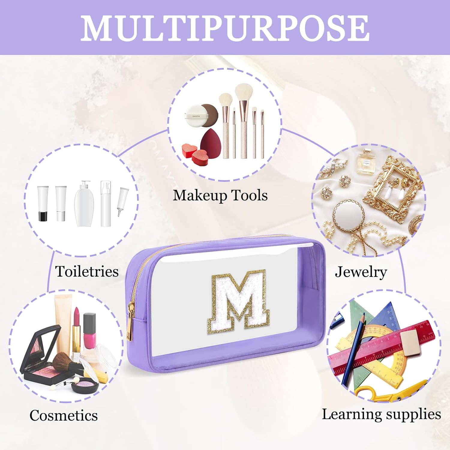 Small Clear Personalized Initial Makeup Bag,Nylon Preppy A-Z Chenille Letter Patch Cosmetic Pouch Beach Toiletry Bag,Waterproof Zip Travel Purse Storage Bag Organizer for Women Girls(Purple-White M) - Image 4