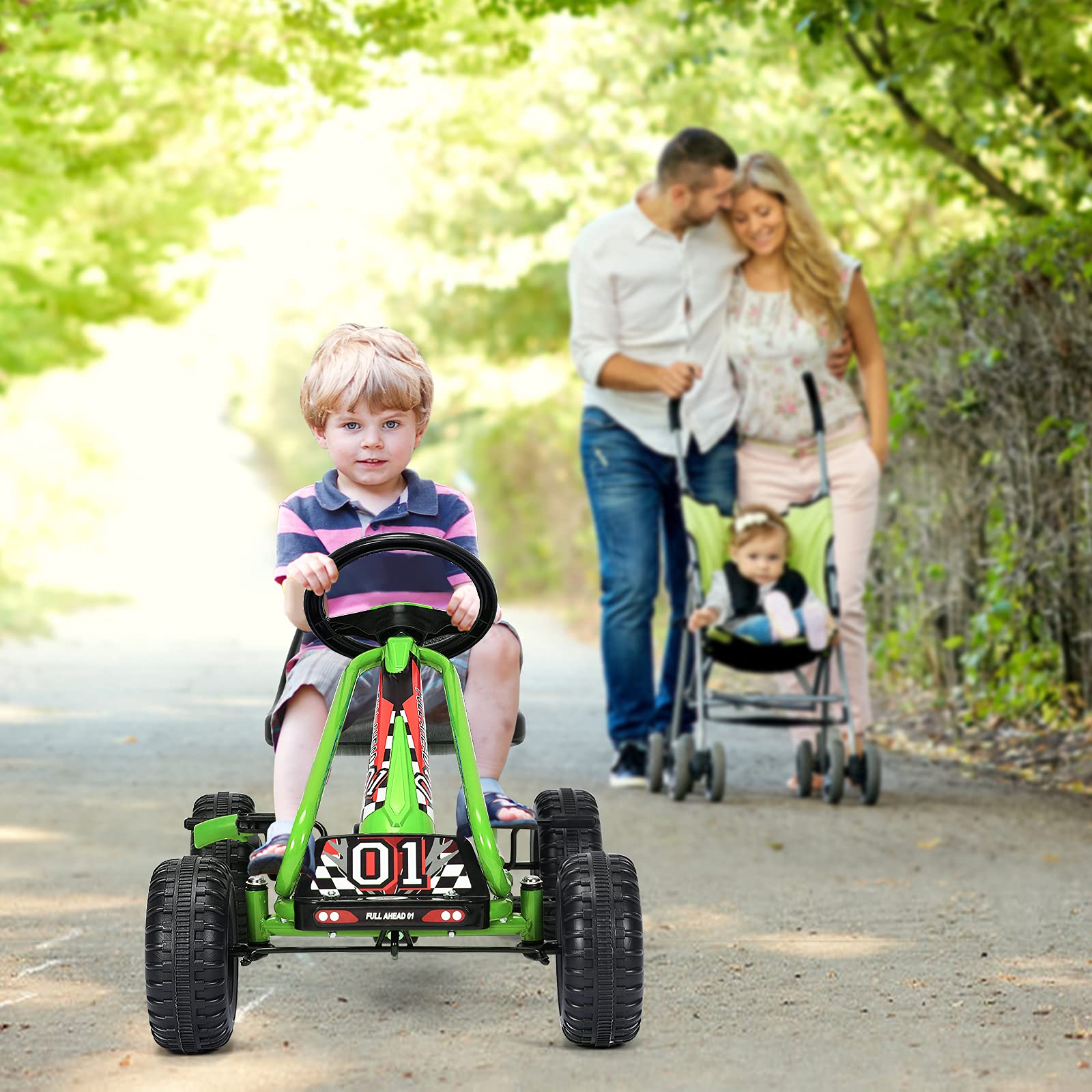 DREAMADE Gokart mit Handbremse & verstellbarem Sitz, Tretauto Tretfahrzeug mit geschlossenem Kettenkasten & Vor- und Rückwärtsgang, Pedal Go Cart für Kinder 3-6 Jahren, bis 30 kg belastbar (Grün)