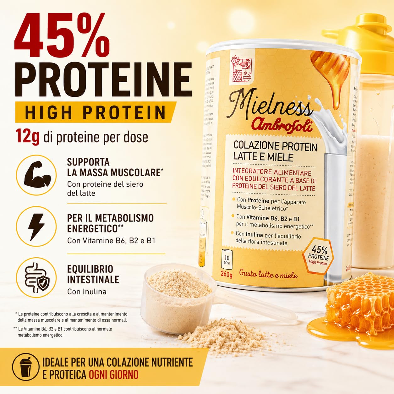 Ambrosoli Colazione Protein Latte e Miele, 260g, mix Proteico per Colazione e Shake (Confezione da 2)