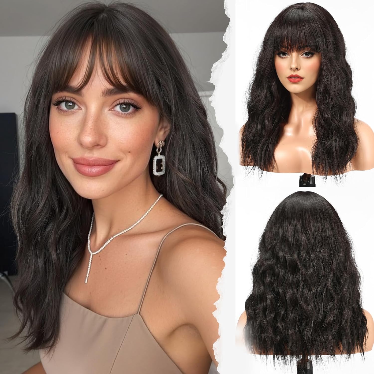 HAIRCUBE Long Wig with Bangs Synthetic Wavy Wigs for Women Natural Black Color