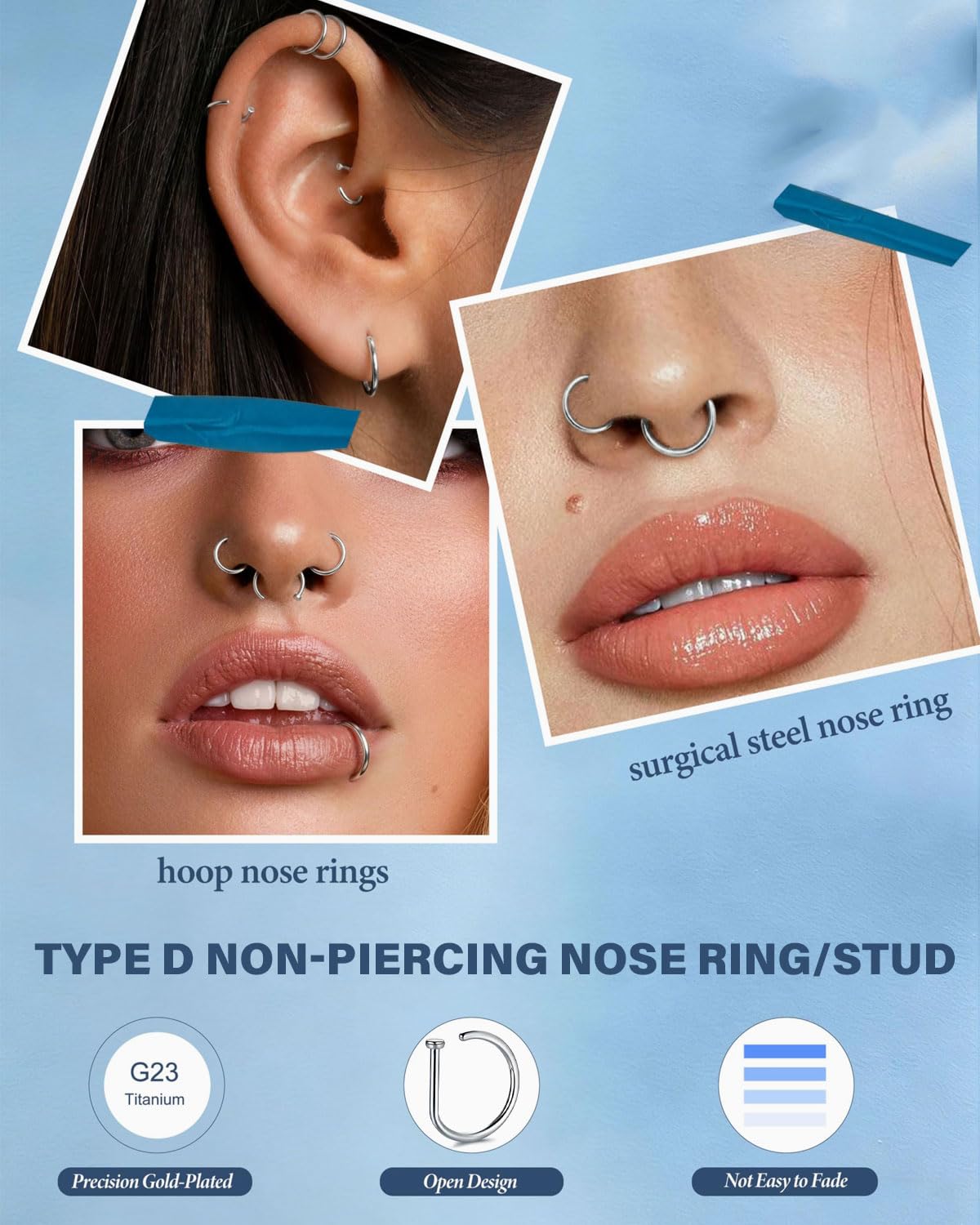 DAFNE Juego de 10 piercings falsos de acero inoxidable: piercing para nariz en forma de D, pinza para nariz y pinza para labios (no incluye piercing). Alternativas unisex para piercings de nariz — view 3