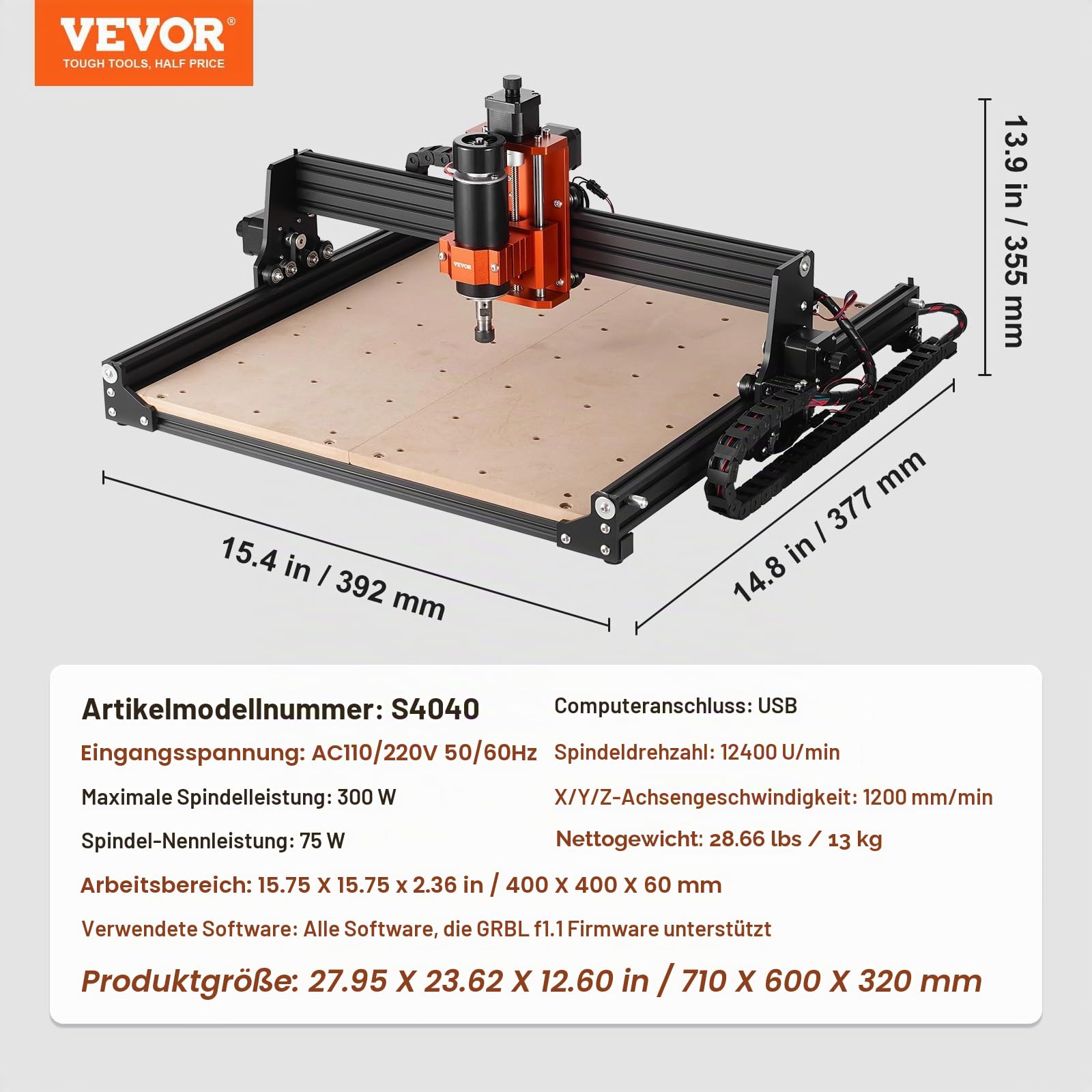 VEVOR CNC-Fräsmaschine, 300 W, Graviermaschine 3-Achsen-GRBL-Steuerung, Holzgravur-Schnitzfräsmaschinen-Kit, 400 x 400 x 60 mm Arbeitsbereich 1200 U/min für Holz, Acryl, MDF, PVC, Kunststoffschaum