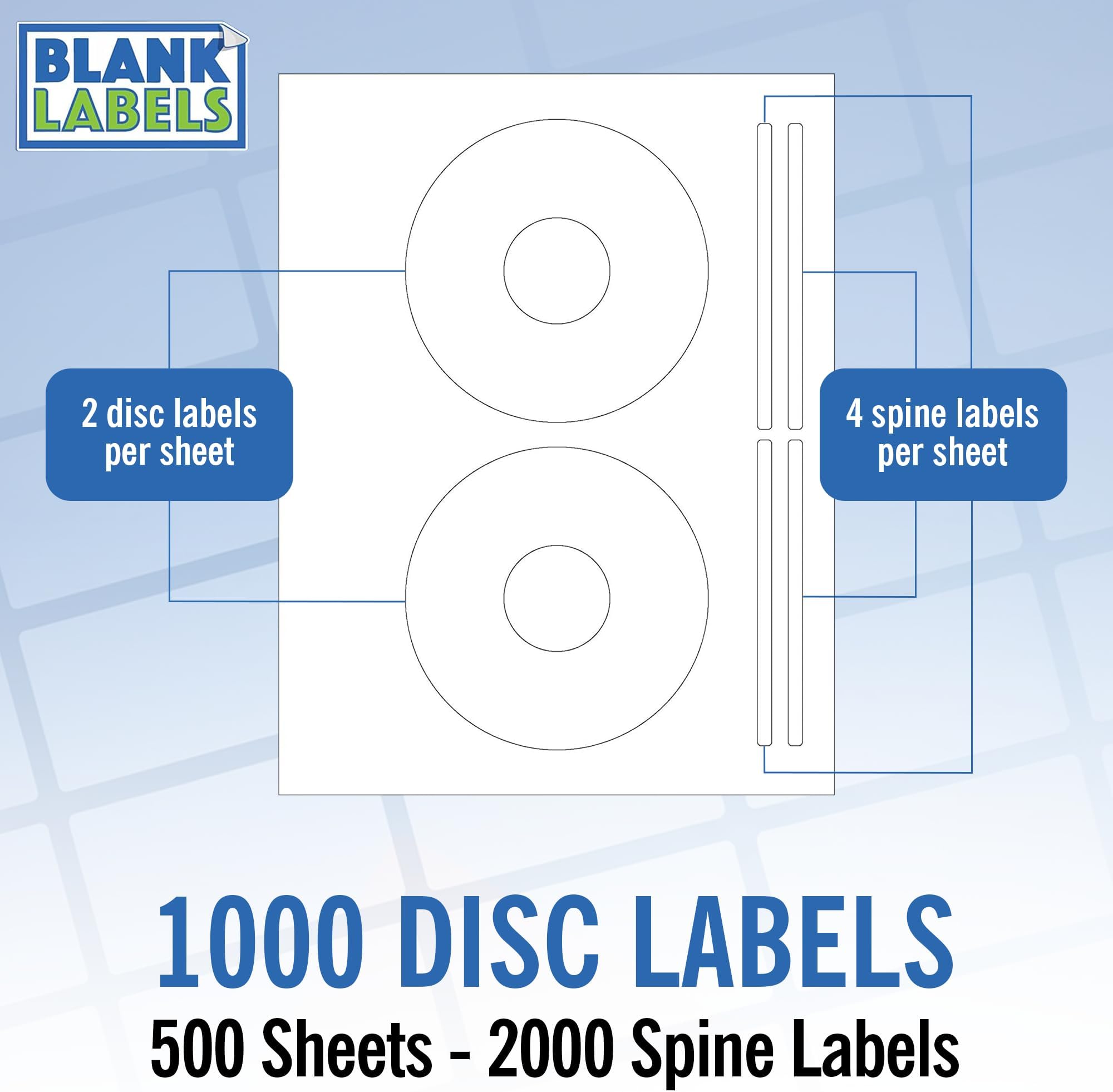CD/DVD Label Full Face | Qty 1000 Disc, 2000 Spine | Permanent White Matte | Inkjet & Laser Compatible | 5931 Template | Blank Label