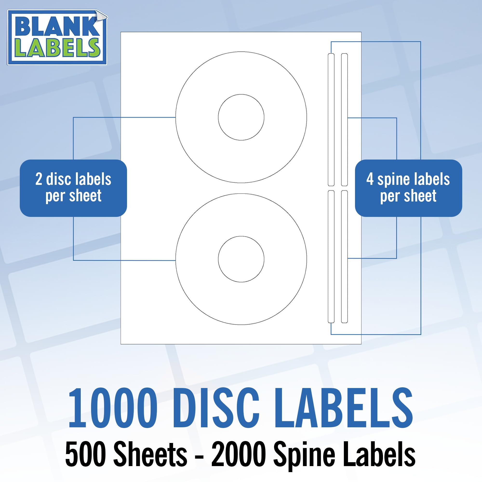CD/DVD Label Full Face | Qty 1000 Disc, 2000 Spine | Permanent White Matte | Inkjet & Laser Compatible | 5931 Template | Blank Label