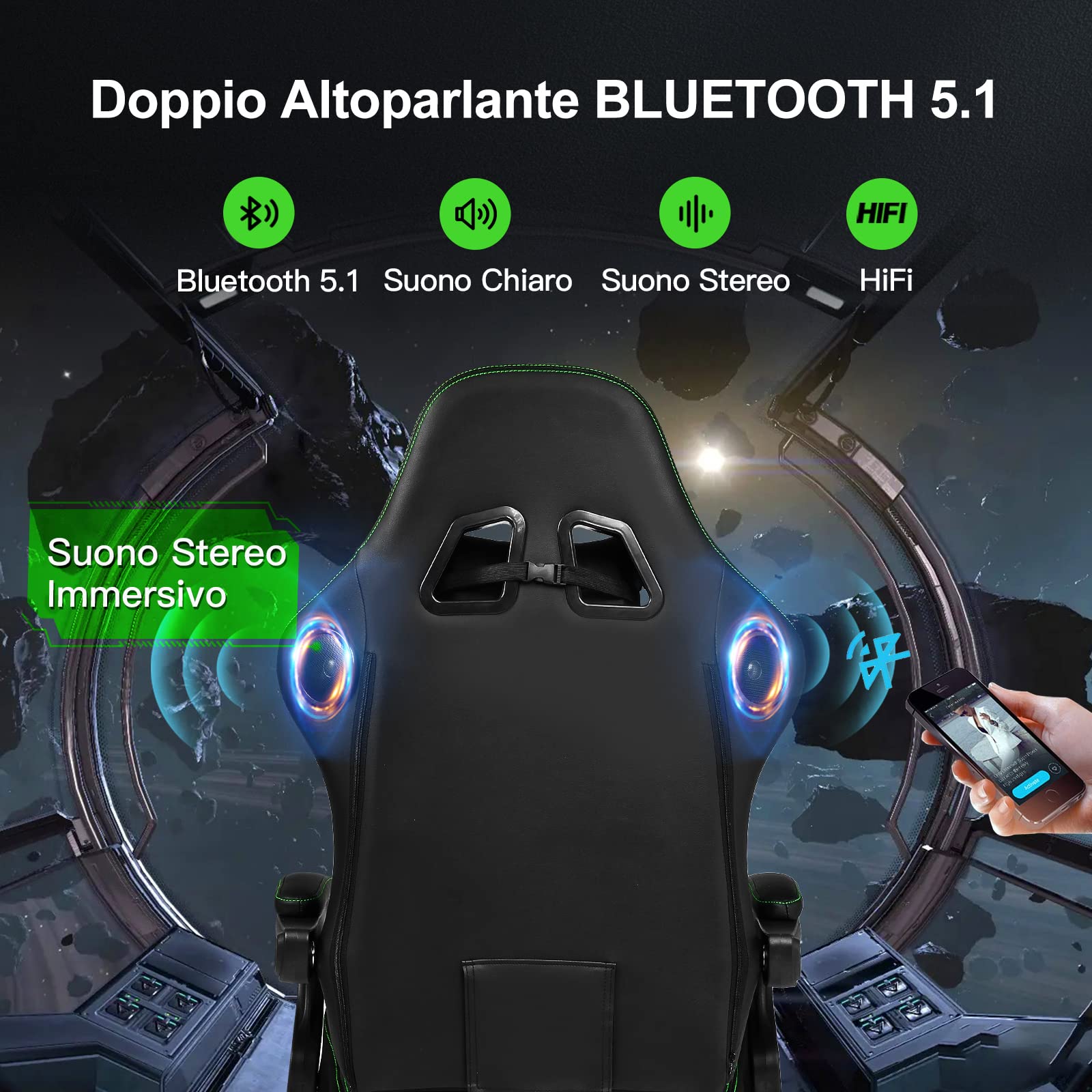 GTPLAYER Sedia Gaming Ergonomica con Poggiapiedi e Altoparlante Bluetooth Poltrona Ufficio Scrivania Sedie Girevole Musicale con Braccioli di Collegamento