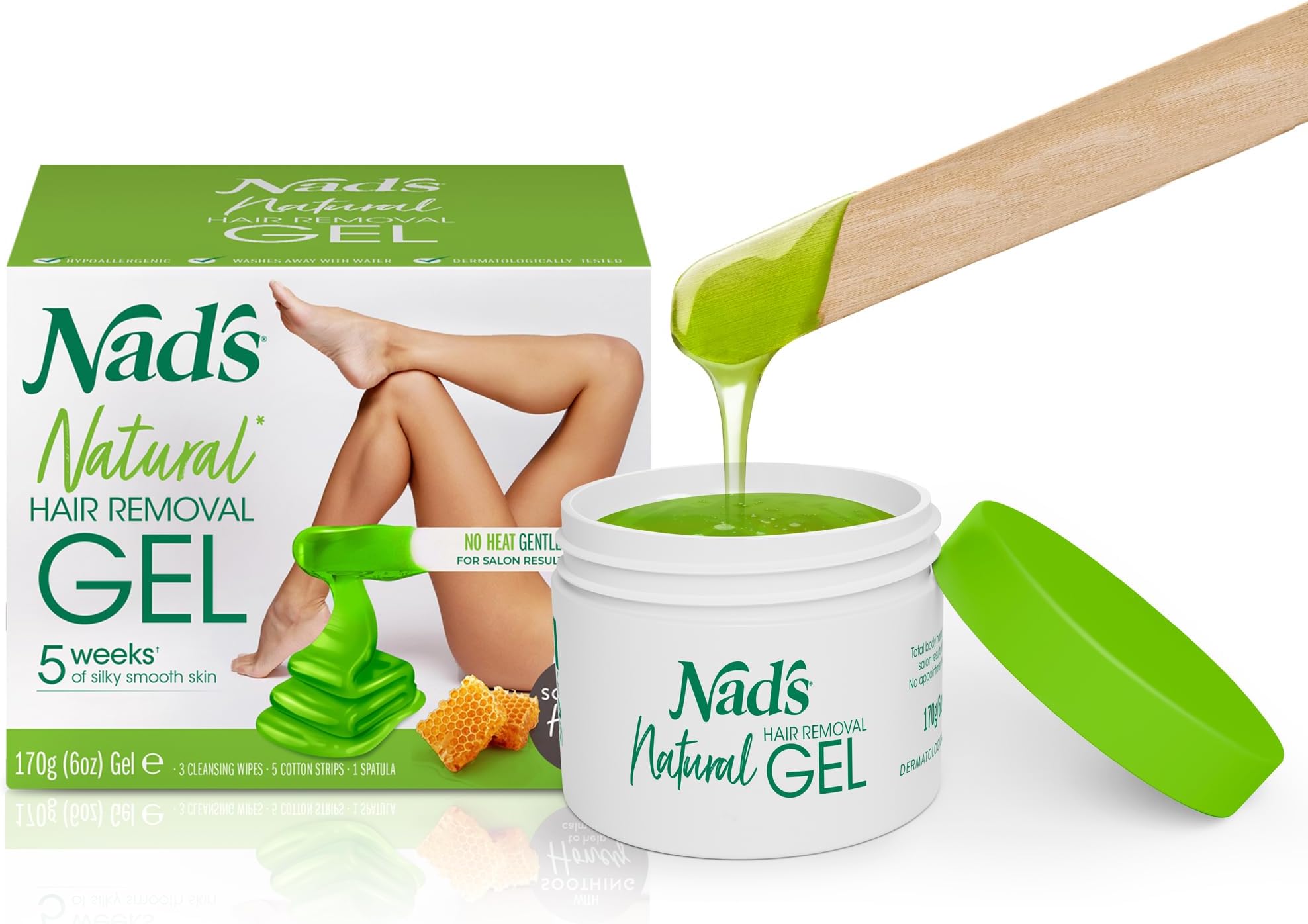 Original Natural Hair Removal Gel Wax Kit, Waxing Kit for Body, Arms, Bikini, Legs and Face, No-heat Formula, Includes 1 Spatula, 5 Reusable Cotton Strips, 3 Cleansing Wipes, Gel Wax 170g