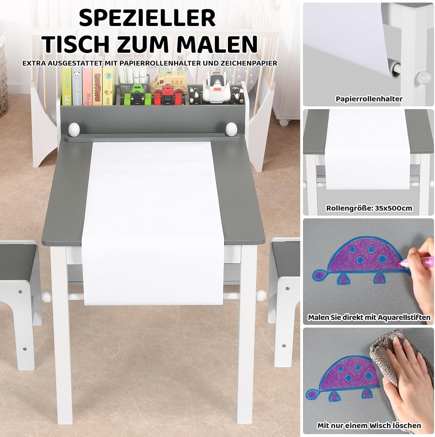 MAMIZO Kindertisch mit 2 PCS Stühlen, Maltisch & Basteltisch Kinder, Tisch & Stühle Kinderzimmer Set, Spieltisch mit Stauraum für Kinder ab 3 Jahren (Grau Weiß)