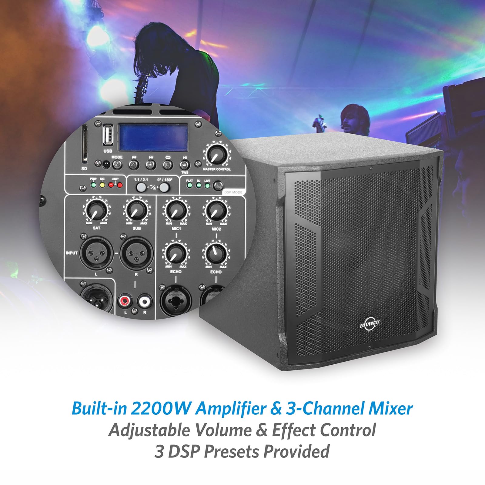 LOTAWAY GWS-042 Line Array Speakers Bluetooth PA Speaker System, 8 DJ Speakers with 15” Subwoofer Outdoor Speaker System, Passive PA Speakers Pair with Active Subwoofer Sound System for Church,Gig