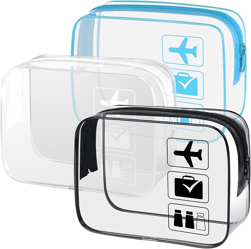 Kit com 3 necessaires transparentes sogiv para viagem em PVC, com zíper, Black+White+Blue