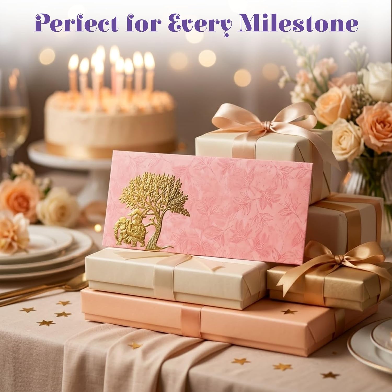 LoveNspire Money Envelopes (7 x 3 Inch) Decorative Elephant Tree Pattern Shagun Lifafa for Indian Wedding, Birthday | Cash Gift Holder & Home Savings Organizer Pack of 100