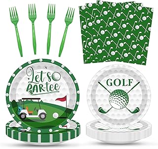 96 Pack Party Decorations Tableware Set, 24 Guests, Golf | Green Disposable Dessert Plates Napkins Forks for Table Supplies Favors for Kids Girls Baby Shower Party Serve