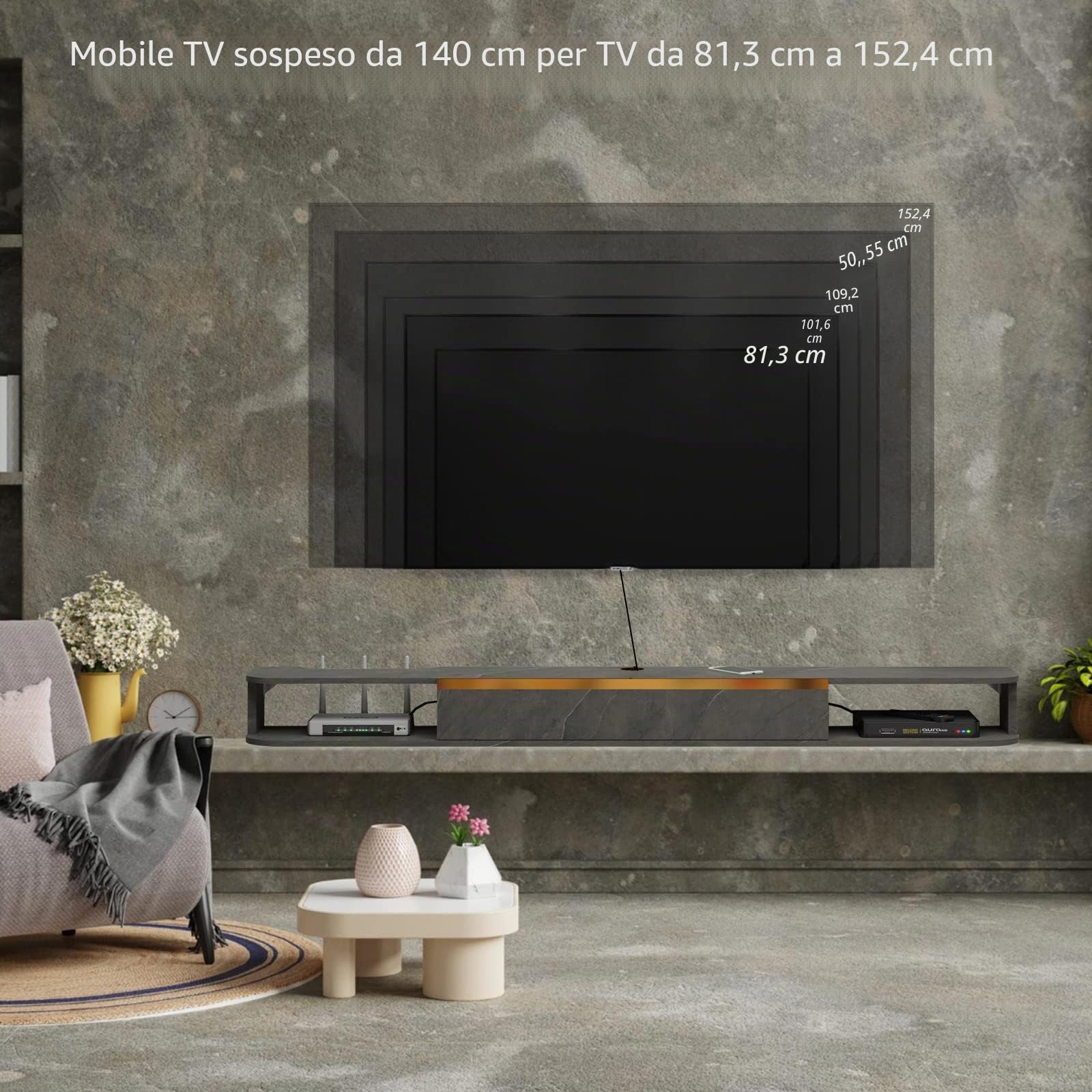 Pmnianhua Mobile TV sospeso, mensola TV galleggiante, supporto per TV galleggiante fissato al muro centro di console multimediale di intrattenimento grande armadio per ufficio a casa (grigio scuro)