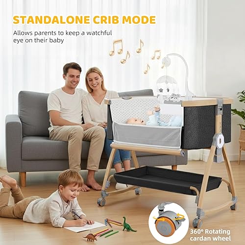 Miniatura 3 de Moisés de noche, moisés, cuna mecedora, cuna portátil 3 en 1 con colchón, móvil, mosquitera, cesta de almacenamiento, cuna ajustable de 6 alturas