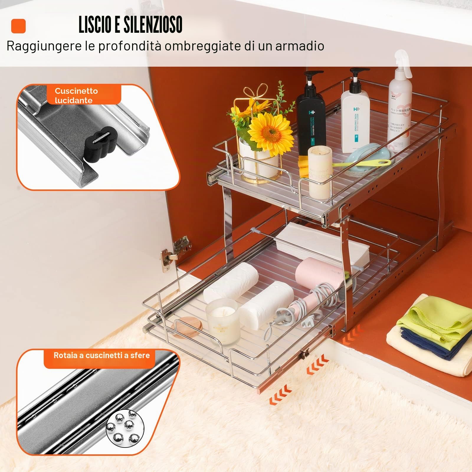 VEVOR Cestello Estraibile Sottolavello Cucina 2 Ripiani 322x533mm e 300x516mm in Acciaio Cromato, Cestello Scorrevole Carico max. 30kg, Portautensili