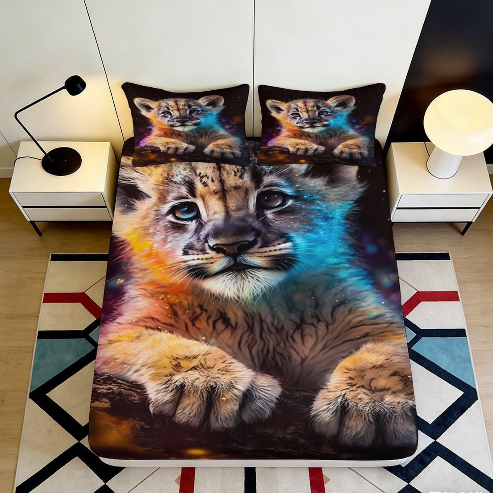 3D Printed Colorful Lion Cub Fitted Sheet Microfiber Soft Mattress Cover Anti-Slip Machine Washable for Bedroom Guestroom Decor 90x200x25cm
