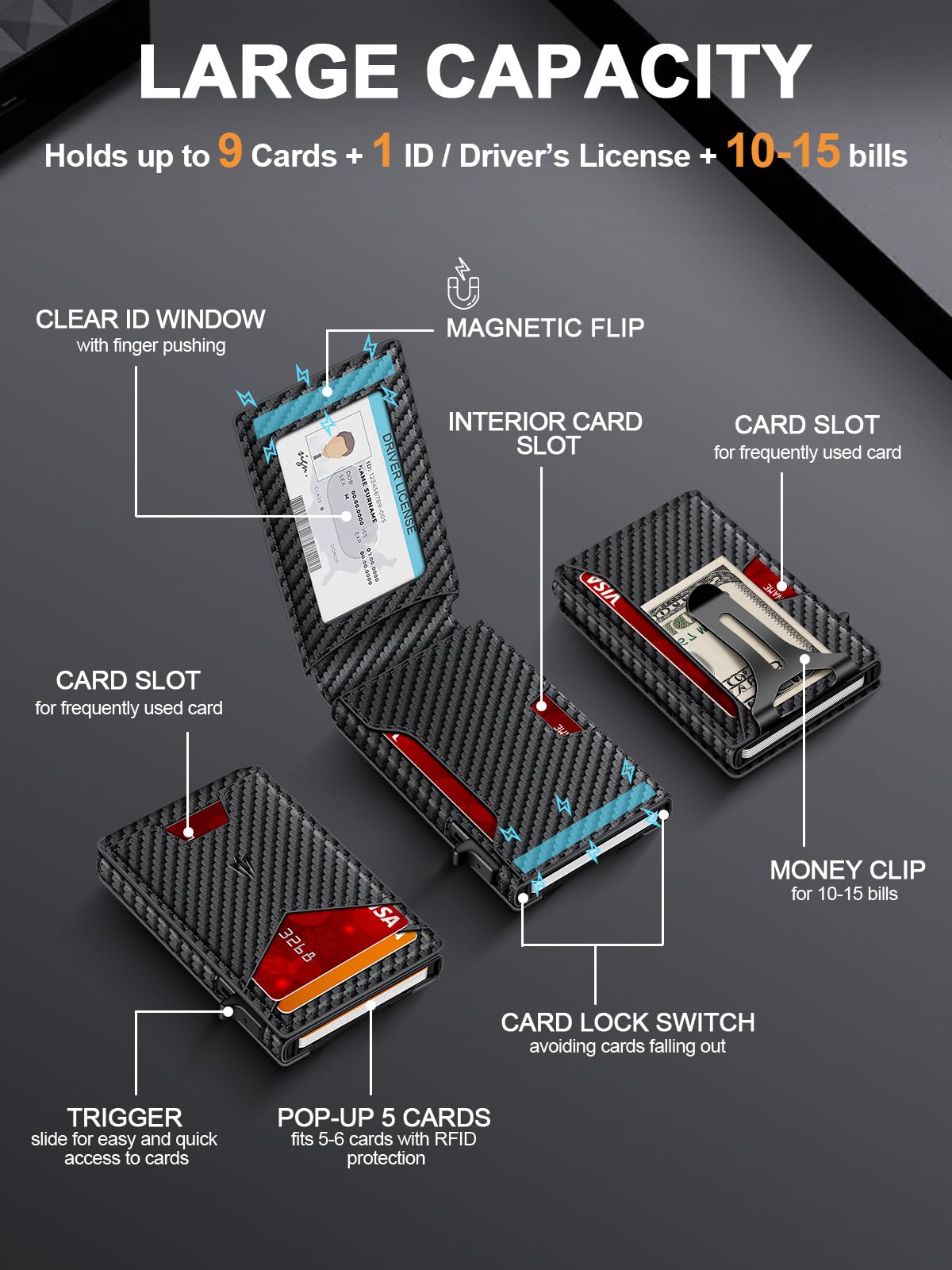 Wallet for Men，Slim Minimalist Wallet with Money Clip ＆ ID Window, RFID Blocking Pop-Up Credit Card Holder，Smart Auminum Mens Wallet Holds 9-13 Cards, Front Pocket Bifold (Magnetic Closure, Gift Box)