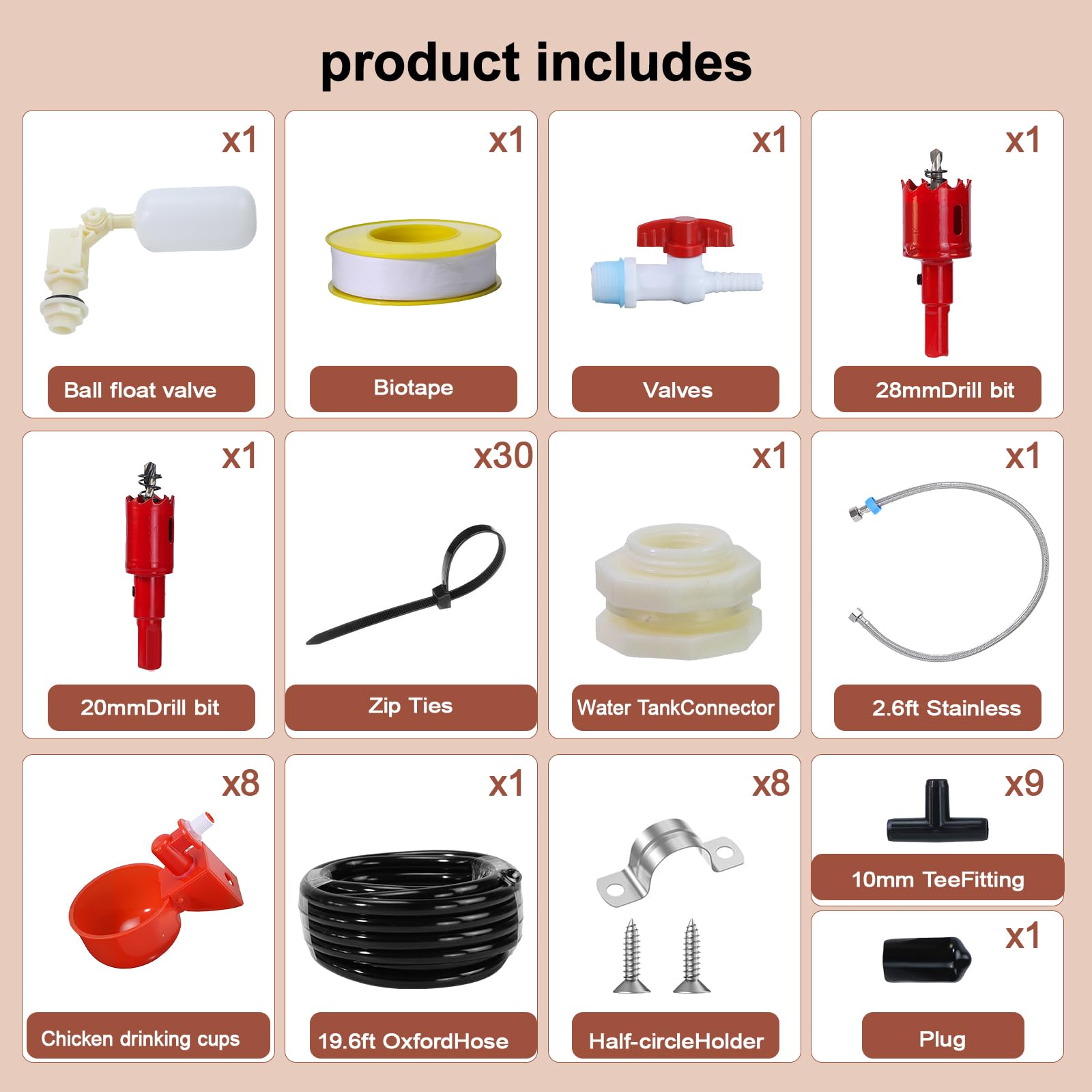 Sistema automatico di abbeveraggio per polli, con 8 coppette abbeveratoio, tubo in plastica nera da 6 metri, altri accessori per tubi, valvola a galleggiante che eroga automaticamente l'acqua