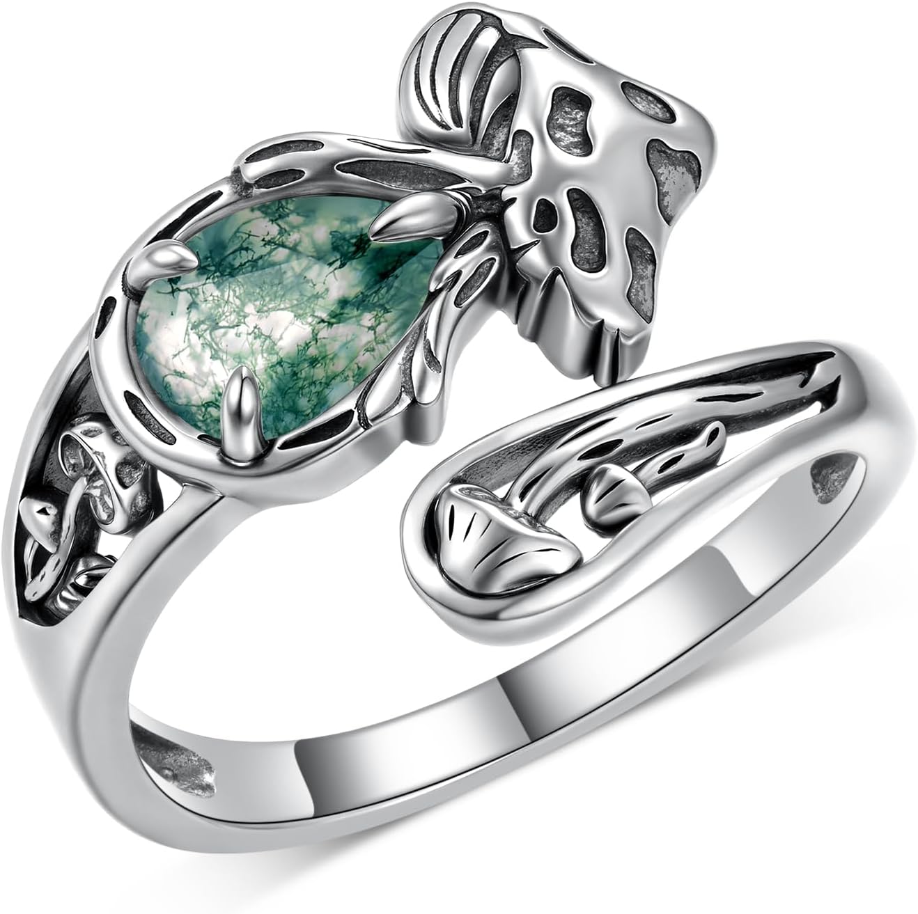 Mushroom Spoon Rings for Women 925 Sterling Silver Moss Agate Mushroom Ring Vintage Thumb Ring Jewelry for Women