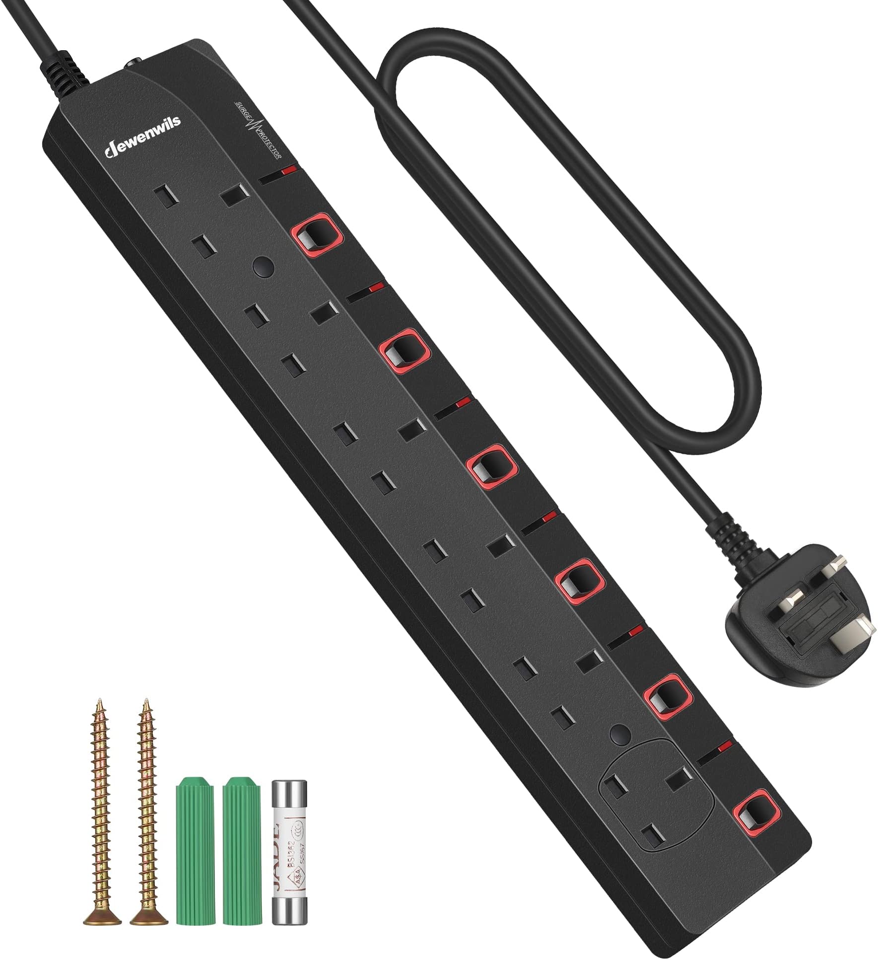 6 Way Surge Protected Extension Lead with Individual Switches and Indicator Lights, Extension Cable 3M, 13Amp 6Gang Power Strip Lead, Black