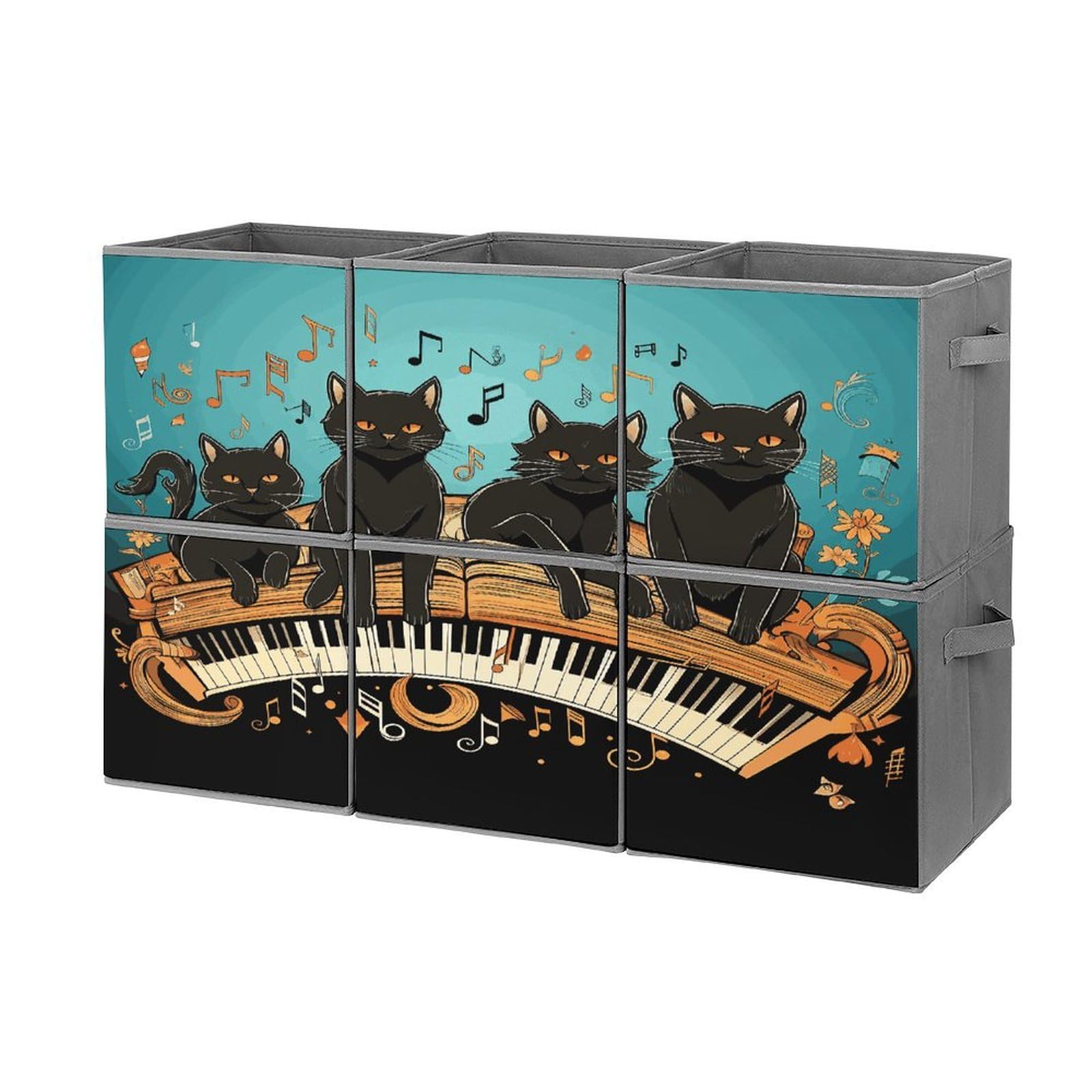 Fekiloot Style Four Black Cats Lying On The Piano Keyboard Storage Bin For Foldable And Handles,Closet Organizer Of 6-Pack Stackable,Storage Box For Living,Room, Office,Bedroom,Closet