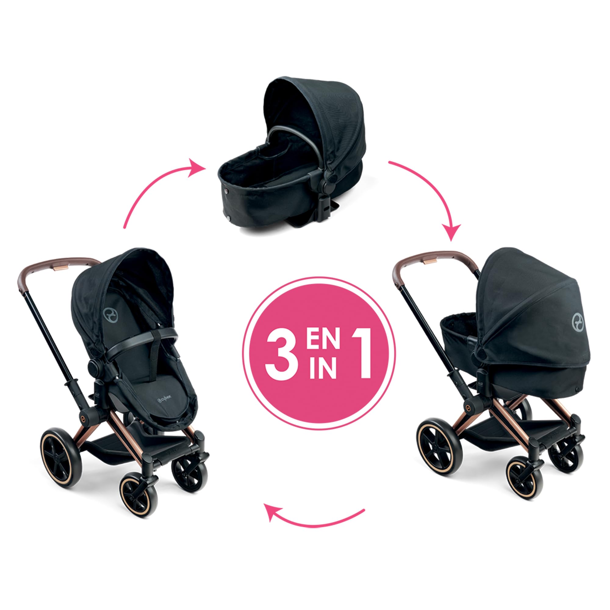Corolle - 9000141870 - Wózek dziecięcy 3 w 1 Cybex, czarny, akcesoria, dla ośmiornic 36 i 42 cm, od 3 lat