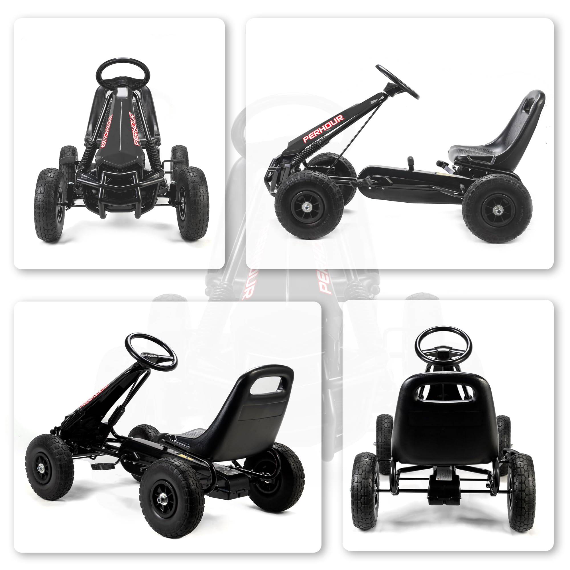 AIYAPLAY Go-Kart a pedali per bambini, con sedile regolabile, pneumatici EVA, frizione e freno manuali, veicolo a pedali per bambini e bambine dai 3 agli 8 anni, nero