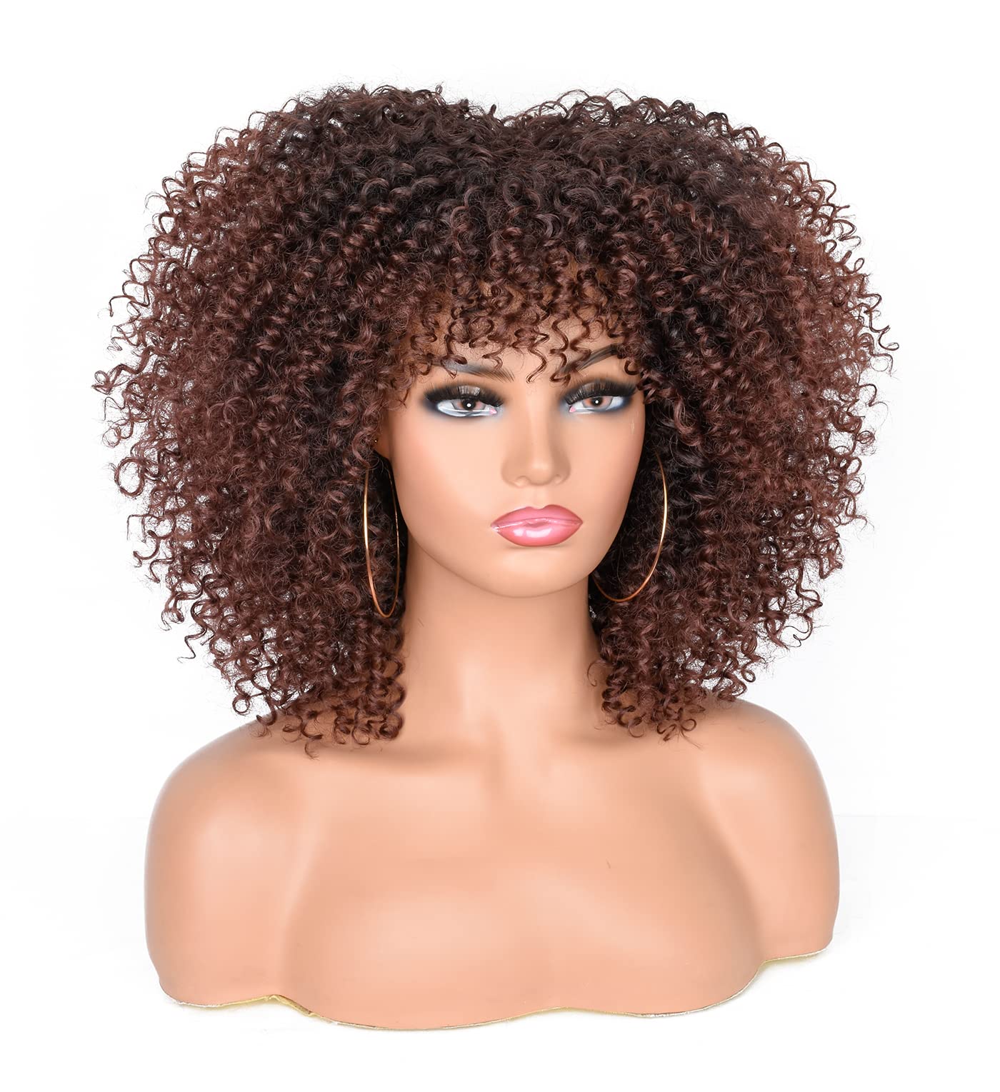 CoCrowns 10Inch Short Curly Afro Wigs with Bangs Bomb Afro Kinky Curly Wig for Black Women Synthetic Fiber Full Wig (Dark Brown) - Image 2