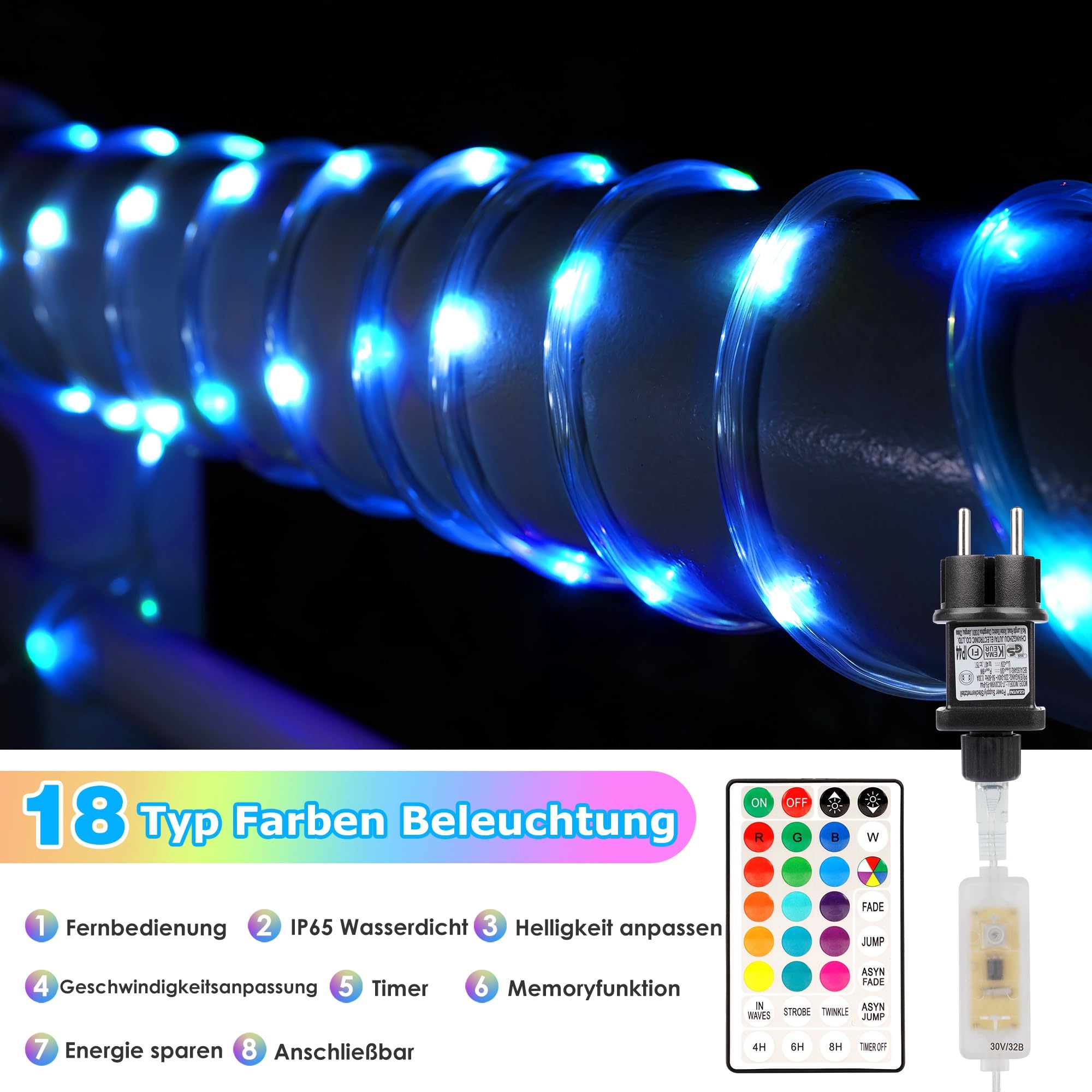 StarryEver Anschließbar 30M LED Schlauch Lichterkette Außen Strom, 300er LED Lichtschlauch Außen Bunt, 18 Farben Lichterkette Innen, Patio Lichterschlauch mit Fernbedienung für Outdoor Garten Balkon