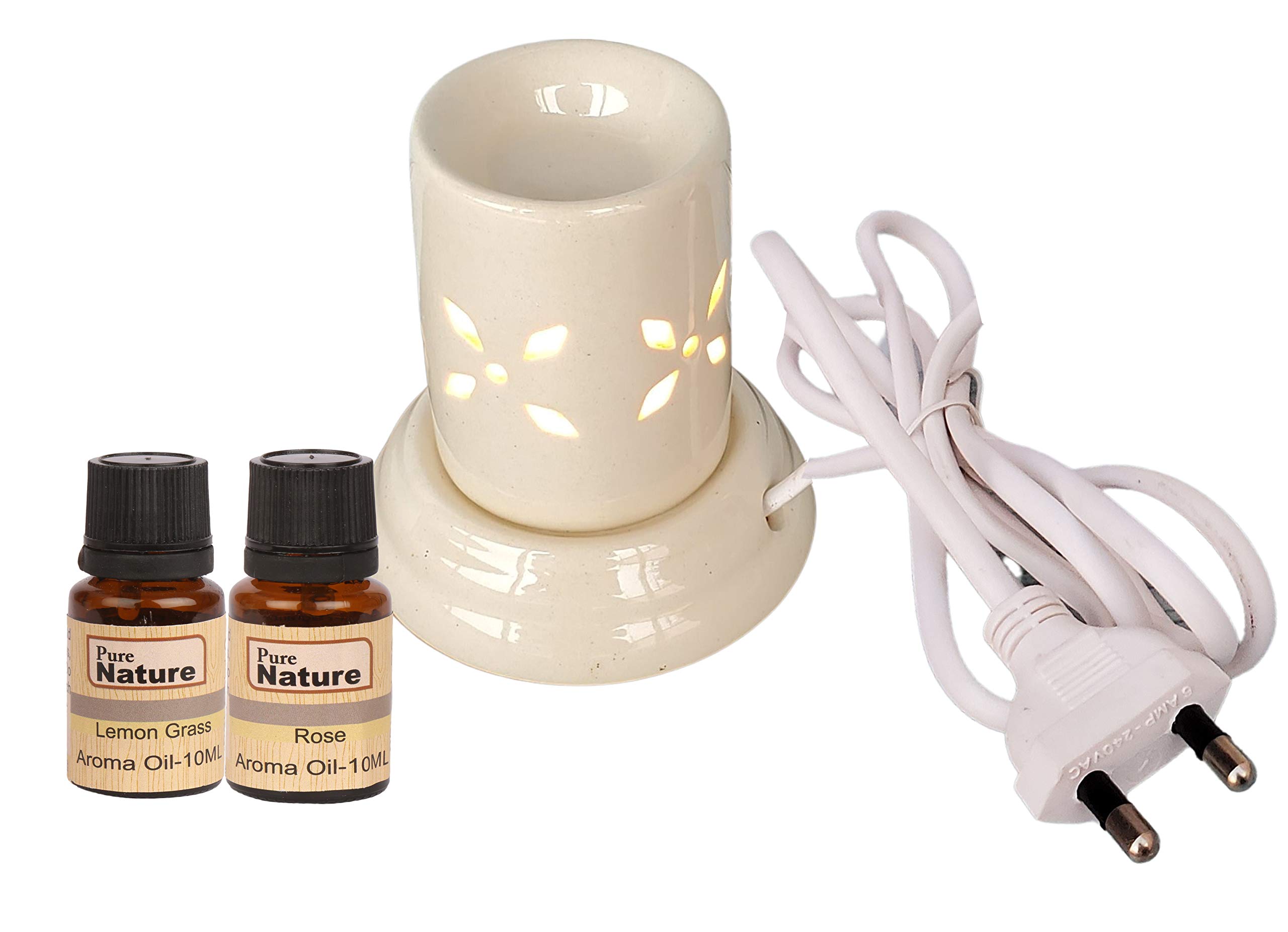 Ceramic Electric Aroma Diffuser for Home & Decor, Off White - (10 ml Lemon Grass & Rose Fragrance)