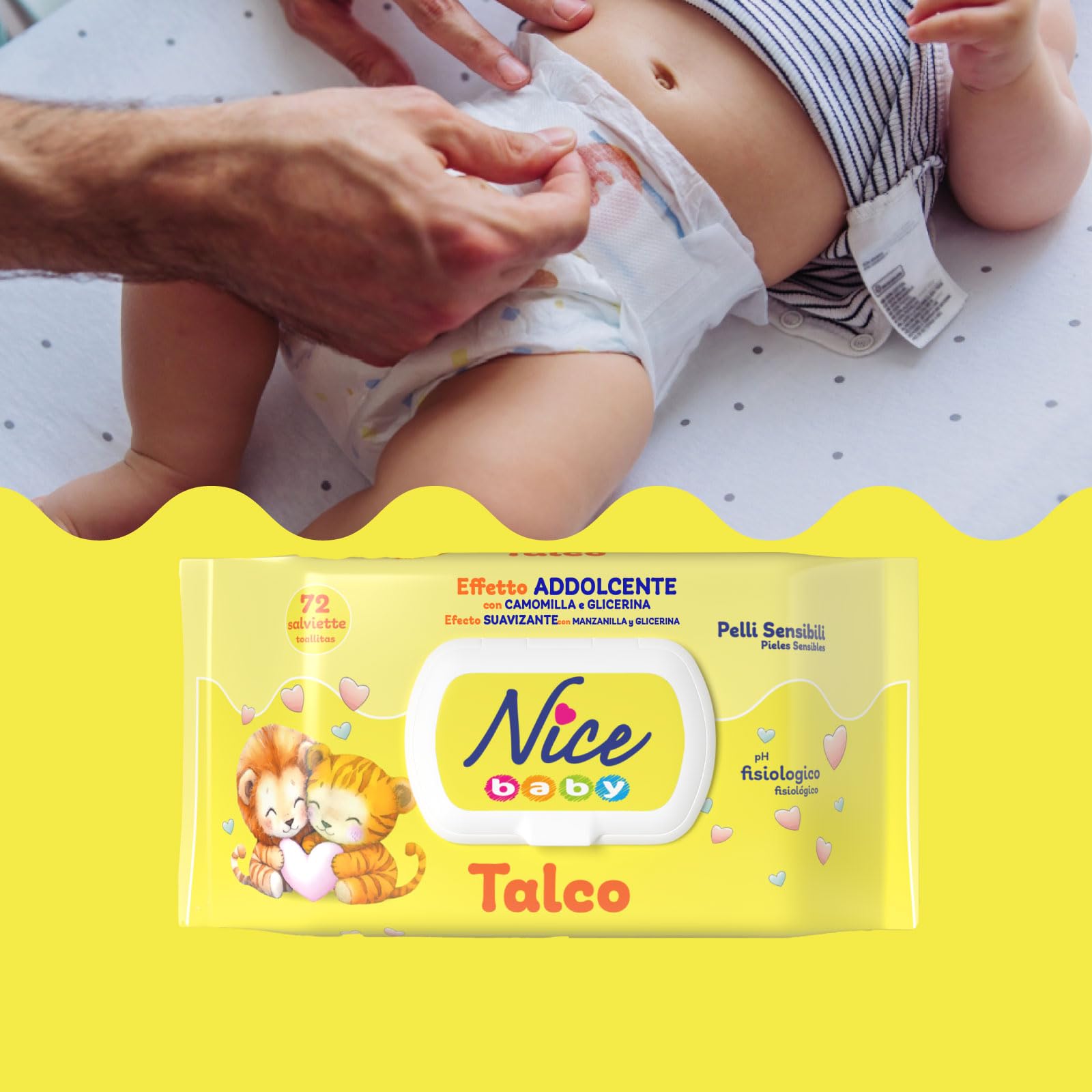 Nice - Lingettes nettoyantes pour enfants et nourrissons - Avec camomille et glycérine - Parfum doux au talc - Testé dermatologiquement - Format : 72 Lingettes -