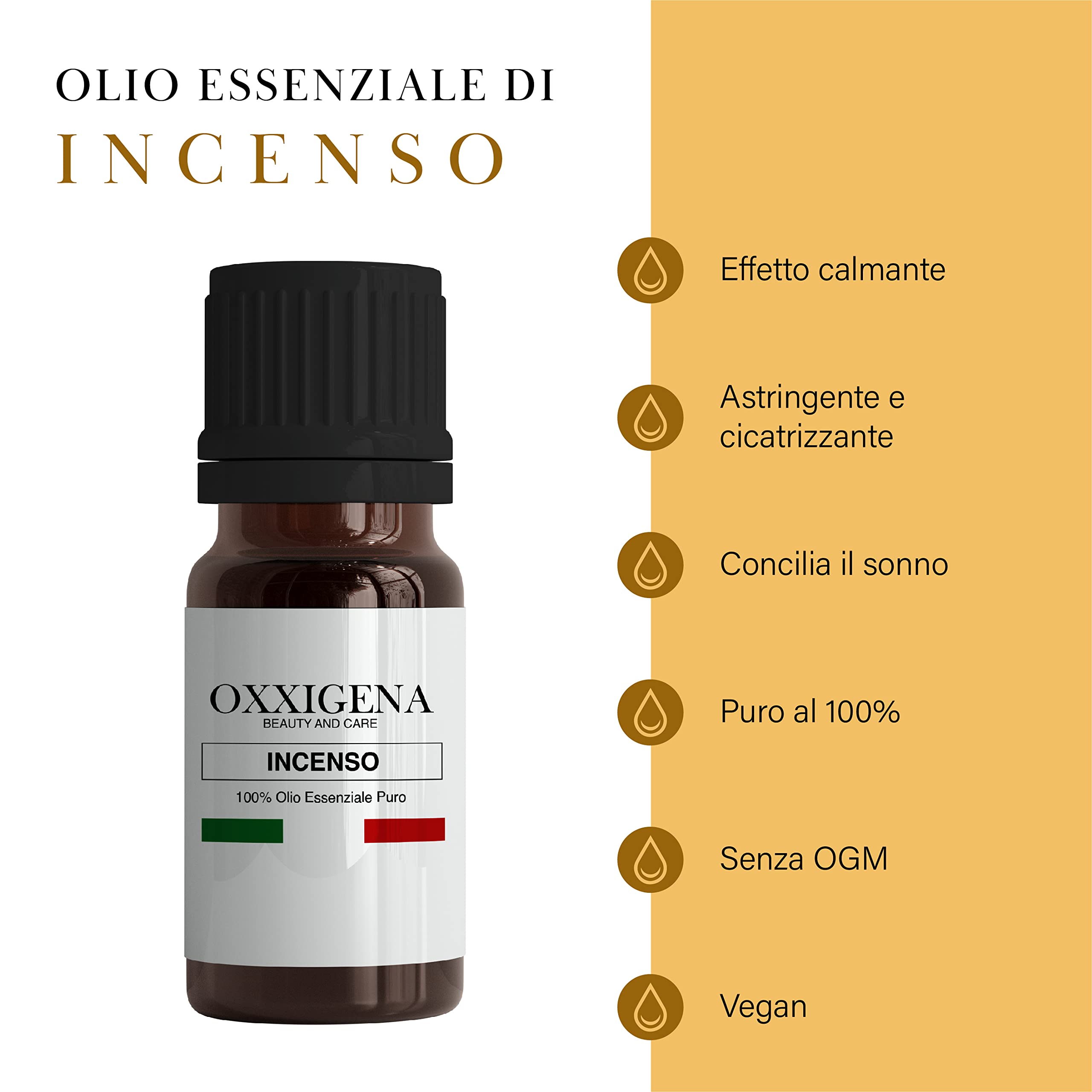 Oxxigena - Olio Essenziale di Incenso - 10 ml - Made in Italy - Puro al 100%, Naturale, Vegano, Senza OGM - Ideale per Aroma Terapia, Miscele da Massaggio