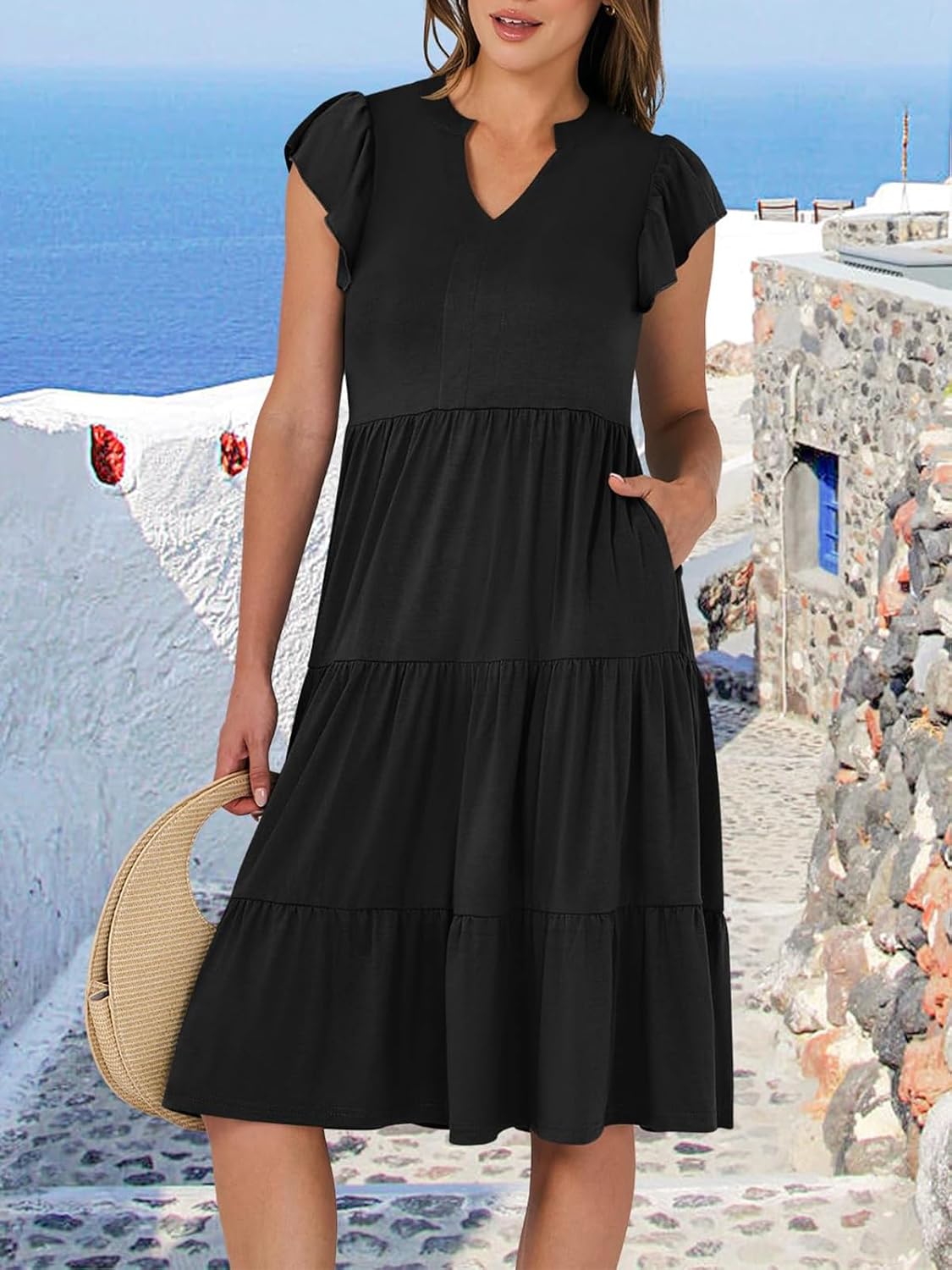 Womens Summer Ruffle Sleeve V Neck Midi Dress 2024 Fashion Casual Fit Flowy Tiered Boho Beach Vacation Sundress - Image 6