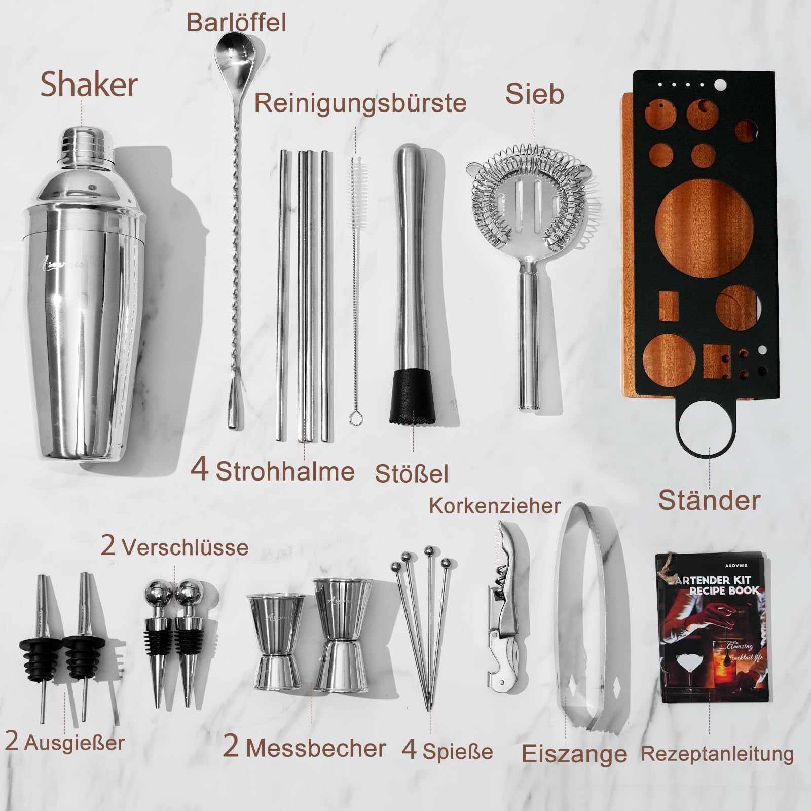 23-teiliges Barkeeper-Set, Cocktail-Shaker-Set mit Ständer|Bar-Getränkemixer-Set mit allen wichtigen Bar-Tools: Martini-Shaker, Sieb, Löffel, Stößel, für Zuhause, Bar, Party (braun-F)