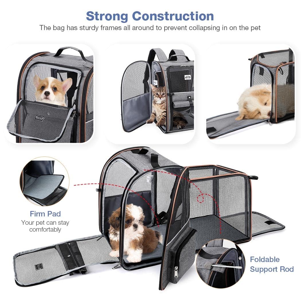Transportin Gato Extensible con 4 Entradas | Mochila Gato Transpirable - Transportin Perro Pequeño con Arnés Interno - Mochila Perro Carga Máxima 8kg - Gris & Alfombrilla Refrescante