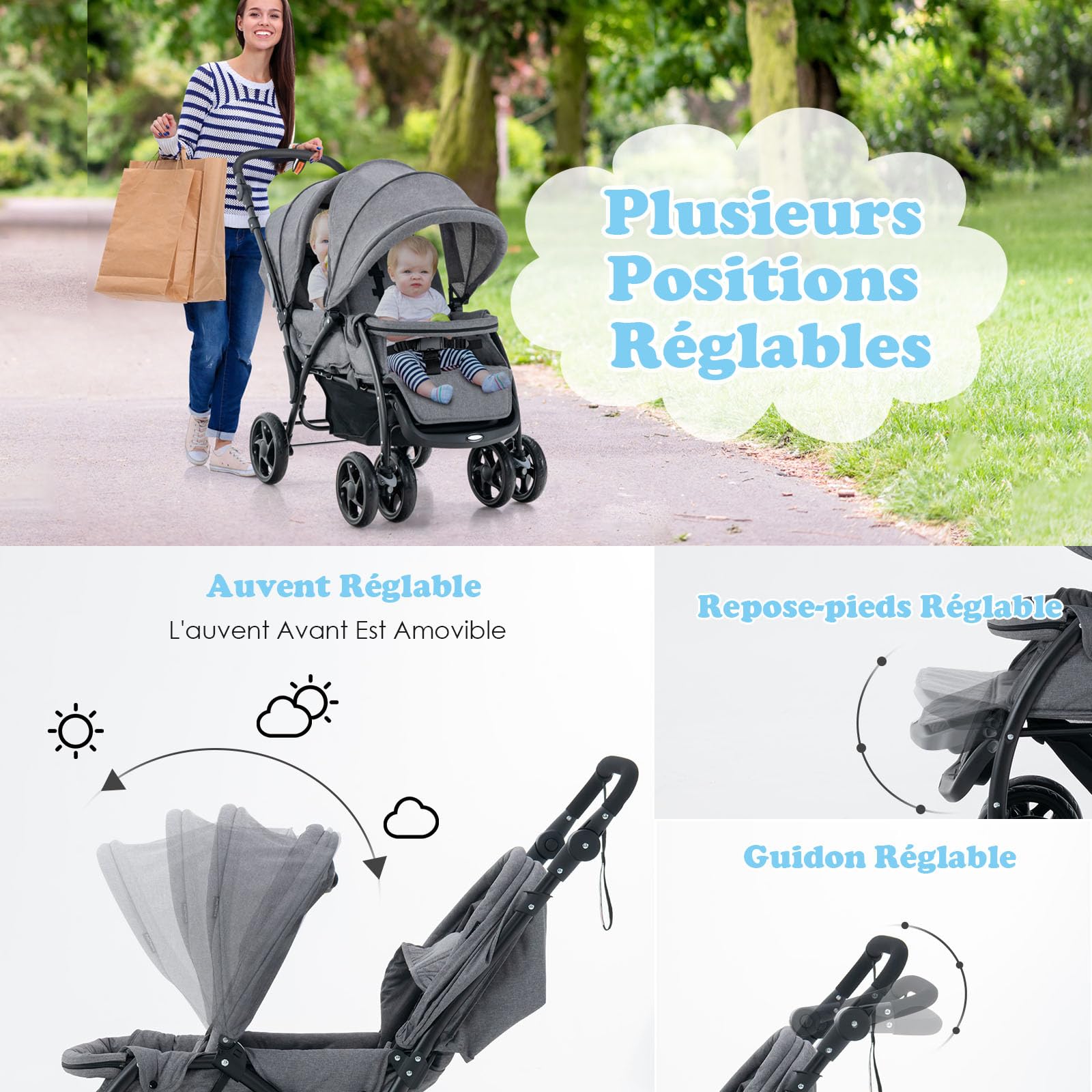 COSTWAY Poussette Tandem Double Pliable avec Auvent & Dossier Réglable, Poussette Landau Bébé avec Ceinture de Sécurité, Roues Verrouillables avec Freins, Pliable à une Main, Charge 30kg (Gris)