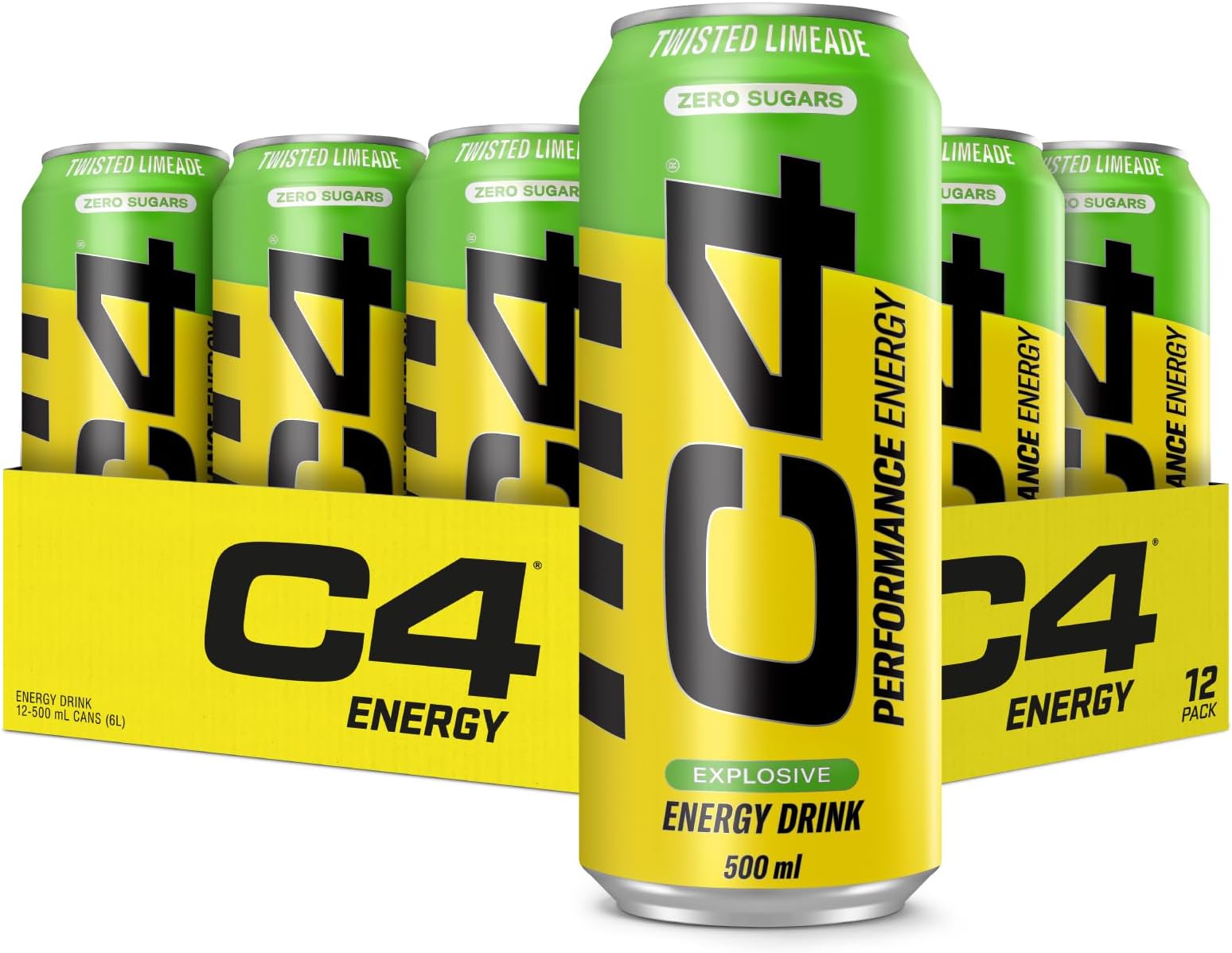 Cellucor C4 Performance Energy Pre-Workout Carbonated Drink with Beta-Alanine, Zero Sugar, Twisted Limeade Flavor, 500ml Pack of 12