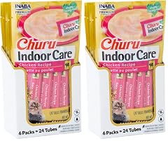 INABA Churu Indoor Care, friandises à lécher anti-boules de poils avec taurine et thé vert (48 tubes de 0,5 oz, poulet)