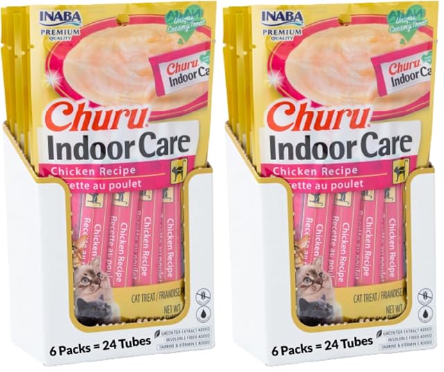 INABA Churu Indoor Care, friandises à lécher anti-boules de poils avec taurine et thé vert (48 tubes de 0,5 oz, poulet)