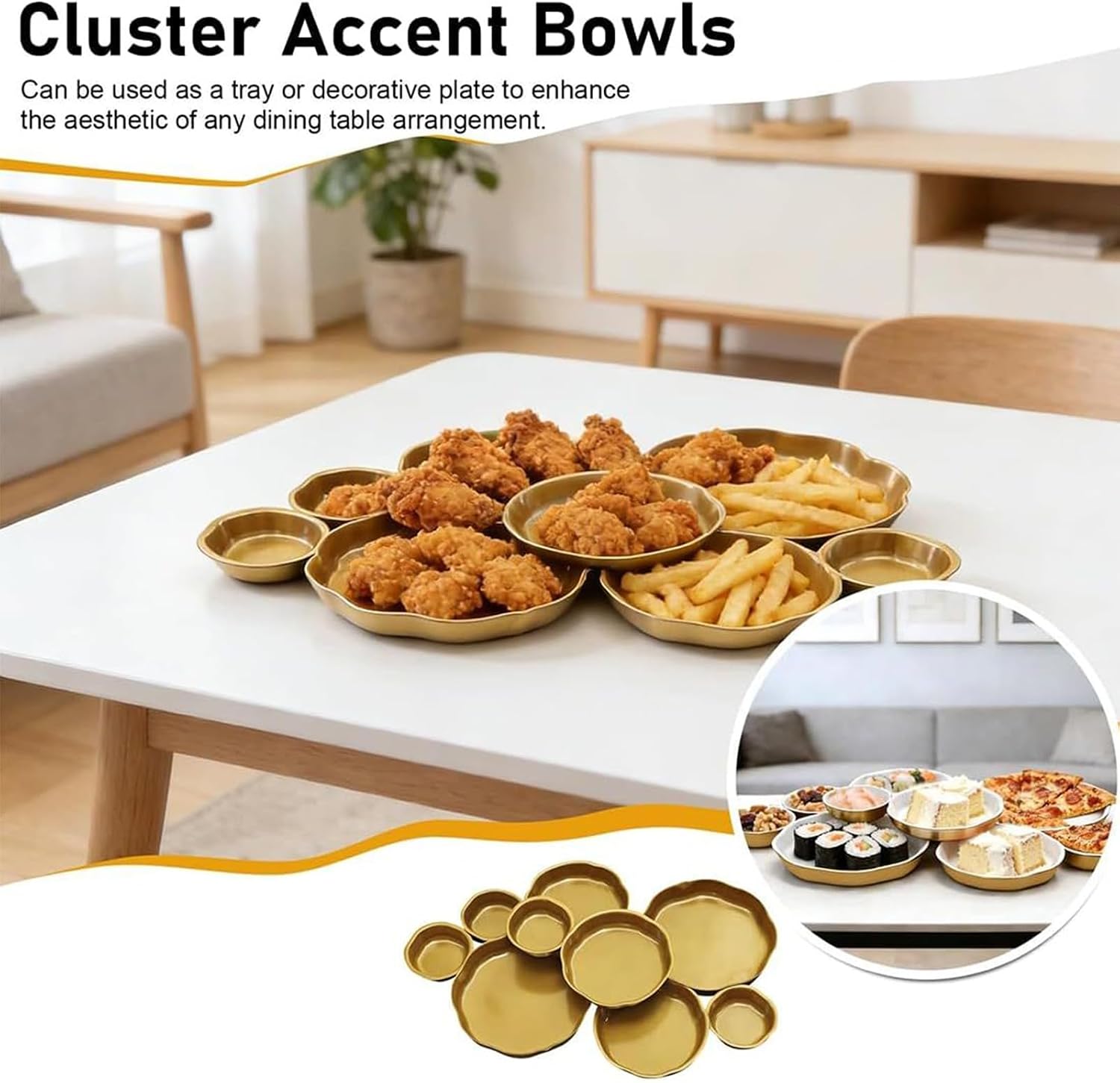 Cluster Serving Tray Set, 9-Piece Gold Decorative Accent Bowls, Multi-Compartment Appetizer & Snack Platter for Chips, Dip, Nuts, Elegant Centerpiece for Parties, Weddings & Home Decor Gift