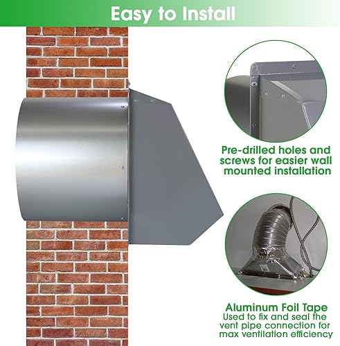 Miniatura 6 de Rejilla de ventilación de pared con capucha de 8 pulgadas y amortiguador, cubierta de ventilación de escape de pared para ventilación exterior y