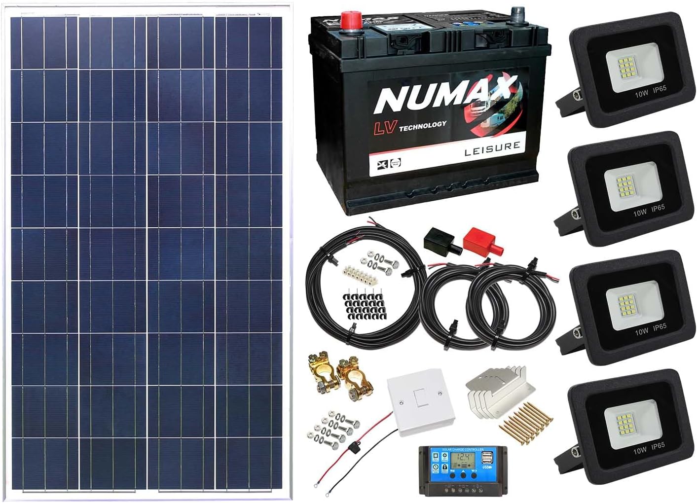 Solar Powered Lighting Kit Sheds Garage Off Grid Battery, Panel, Floodlight, Cables (100w Solar Panel, 4 x10w 12v DC Floodlight)